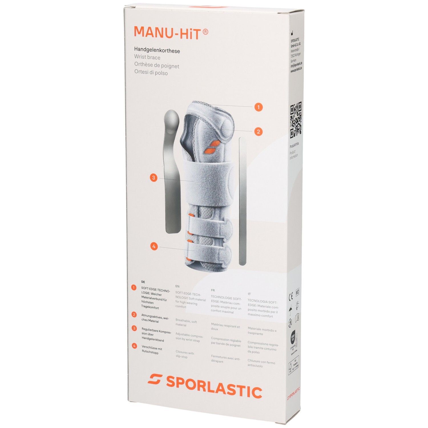 SPORLASTIC MANU-HIT Handgelenkorthese mit Zubehör auf weißer Verpackung, Größenangabe.