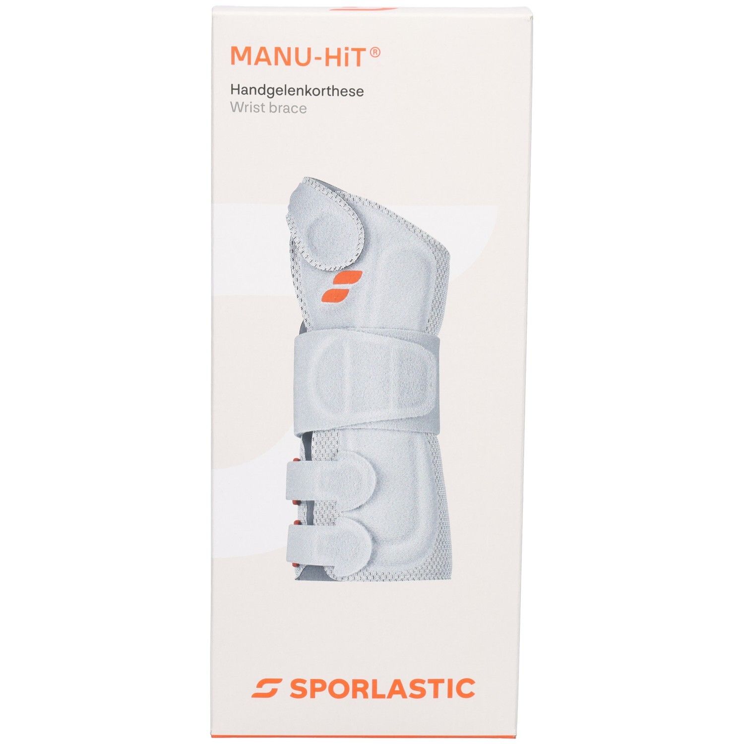SPORLASTIC MANU-HIT Handgelenkorthese in weiß, vorne auf weißer Verpackung abgebildet.