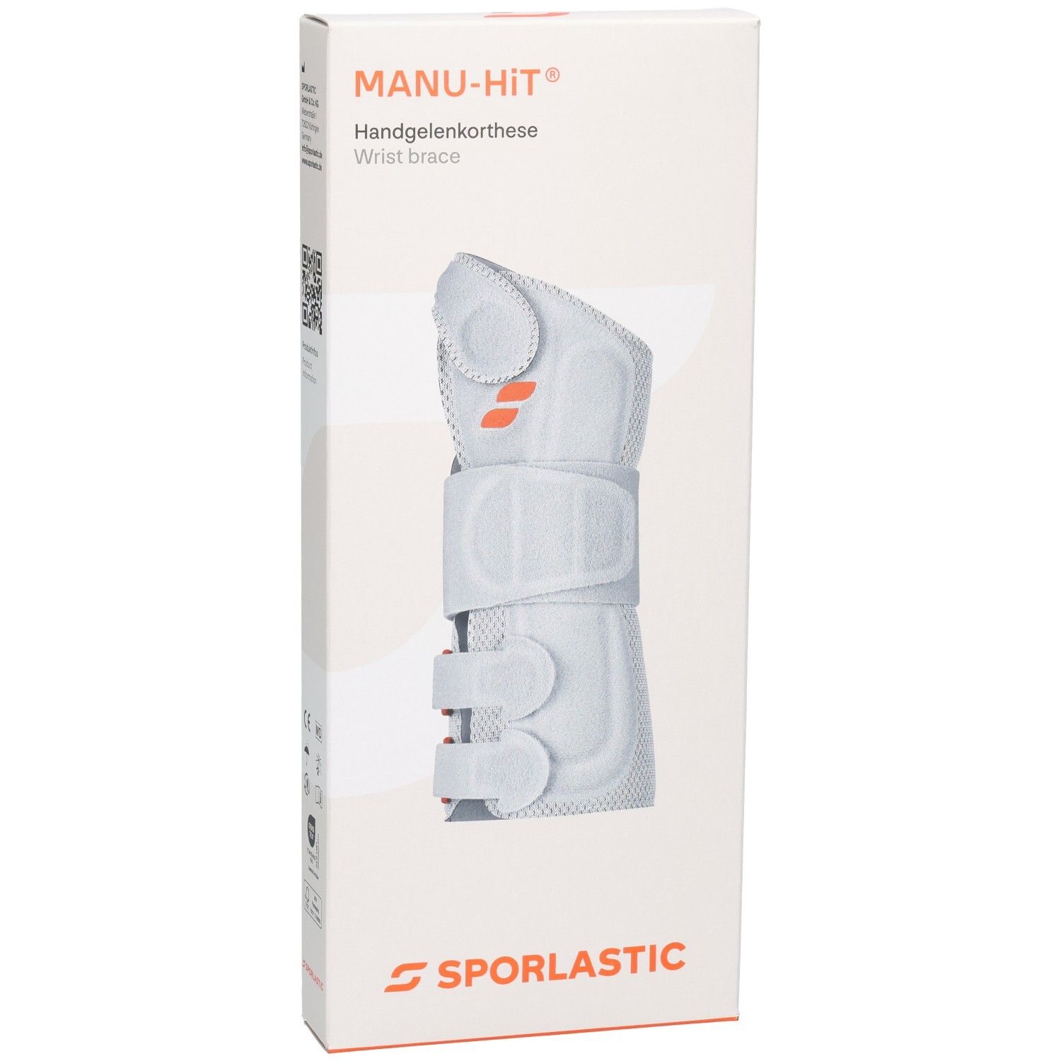 SPORLASTIC MANU-HIT Handgelenkorthese auf weißer Verpackung, mit QR-Code und Produktinformationen.