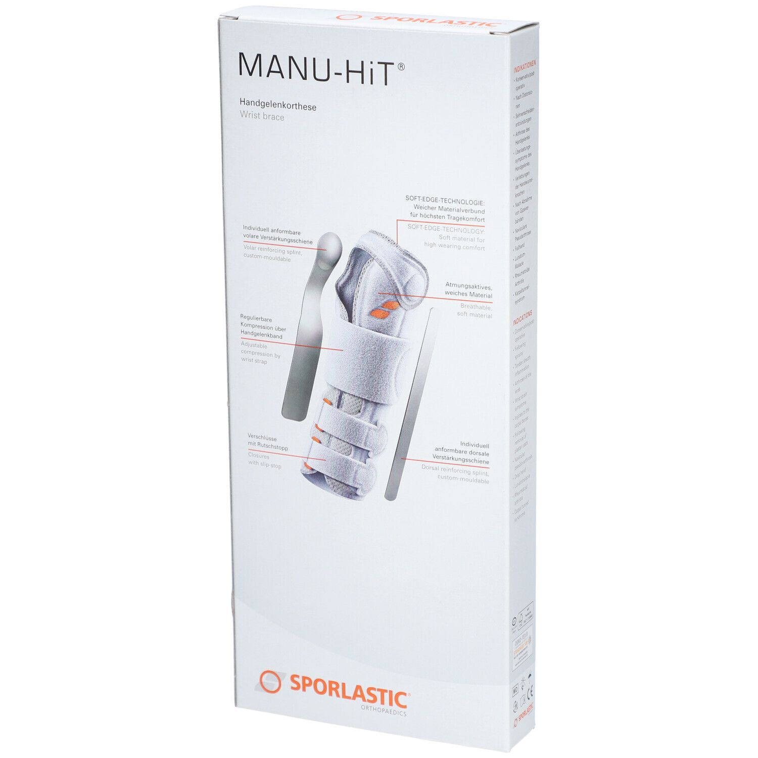 Verpackung der Handgelenkorthese. Aufdruck: MANU-HIT, SPORLASTIC. Illustrationen: Produktmerkmale und Anwendung.