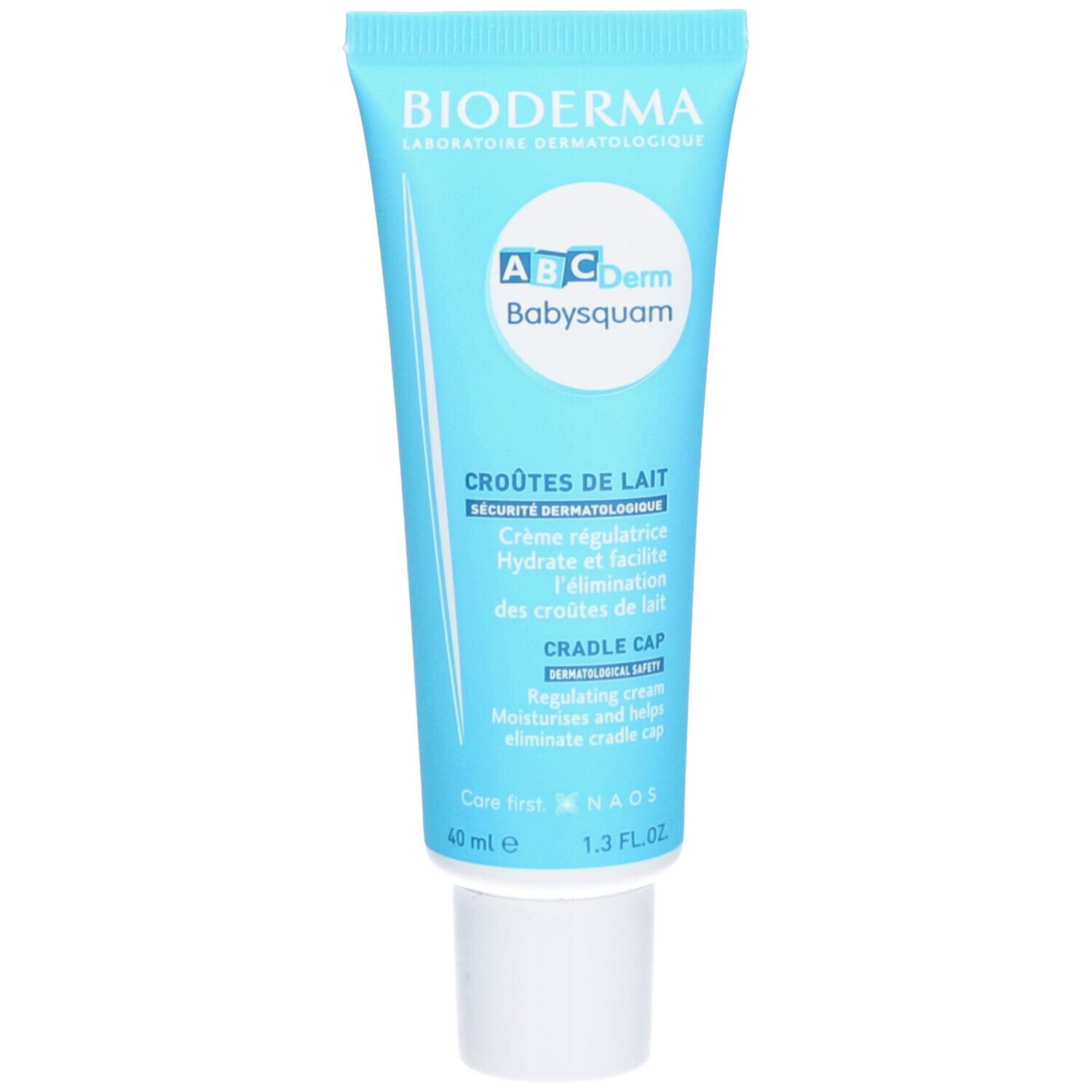Blau-weiße Tube mit Produktnamen und Text. Marke Bioderma, Produktname ABCDerm Babysquam. Text: Crôutes de lait, Cradle Cap.
