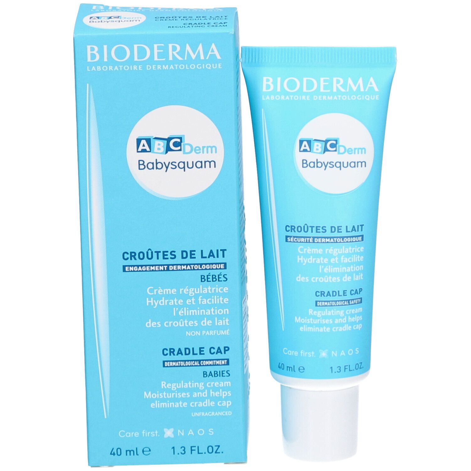 Produktverpackung und Tube. Marke Bioderma, Produktname ABCDerm Babysquam. Text: Crôutes de lait, Cradle Cap. Blaue Verpackung.