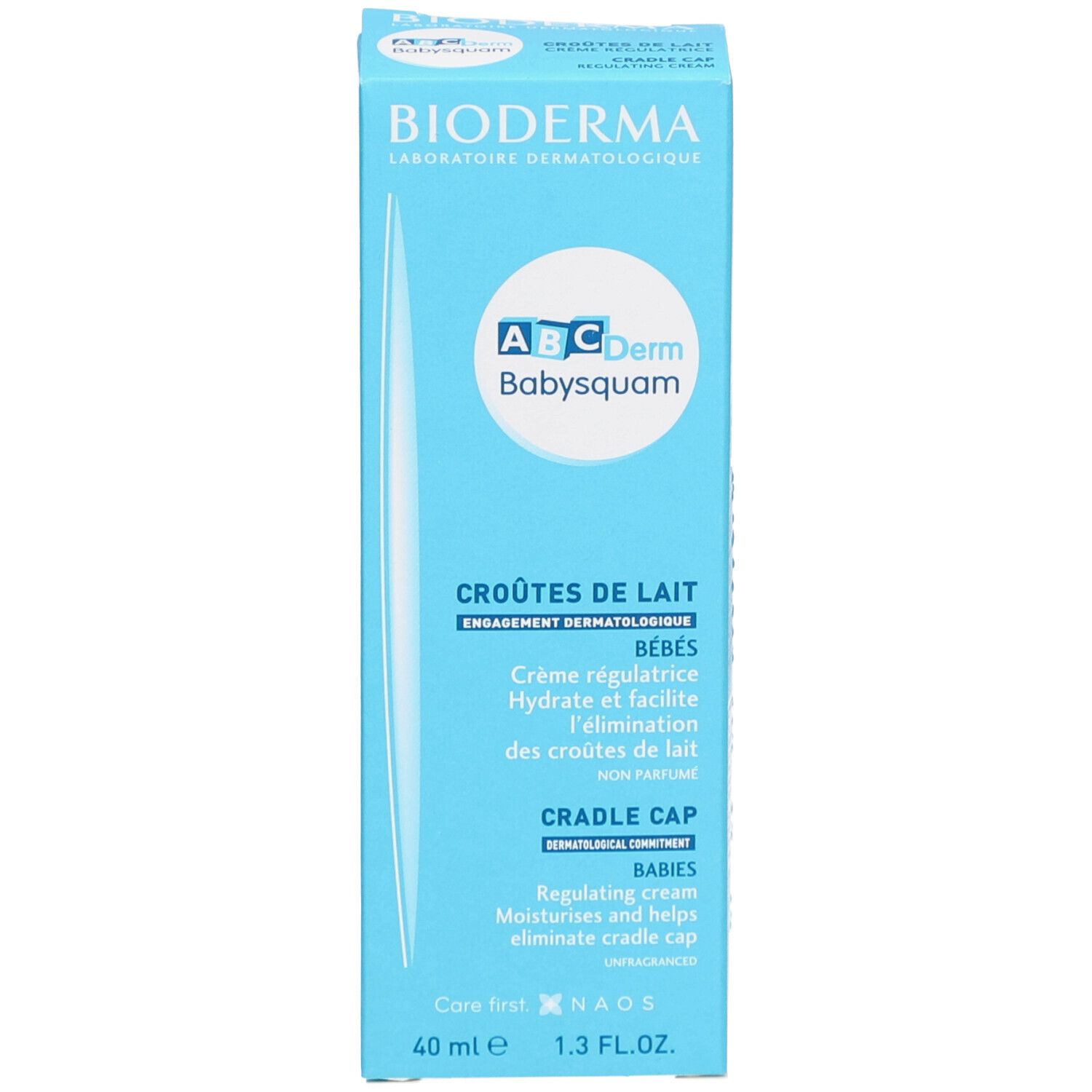 Blaue Produktverpackung. Marke Bioderma, Produktname ABCDerm Babysquam. Text: Crôutes de lait, Cradle Cap. 40 ml.