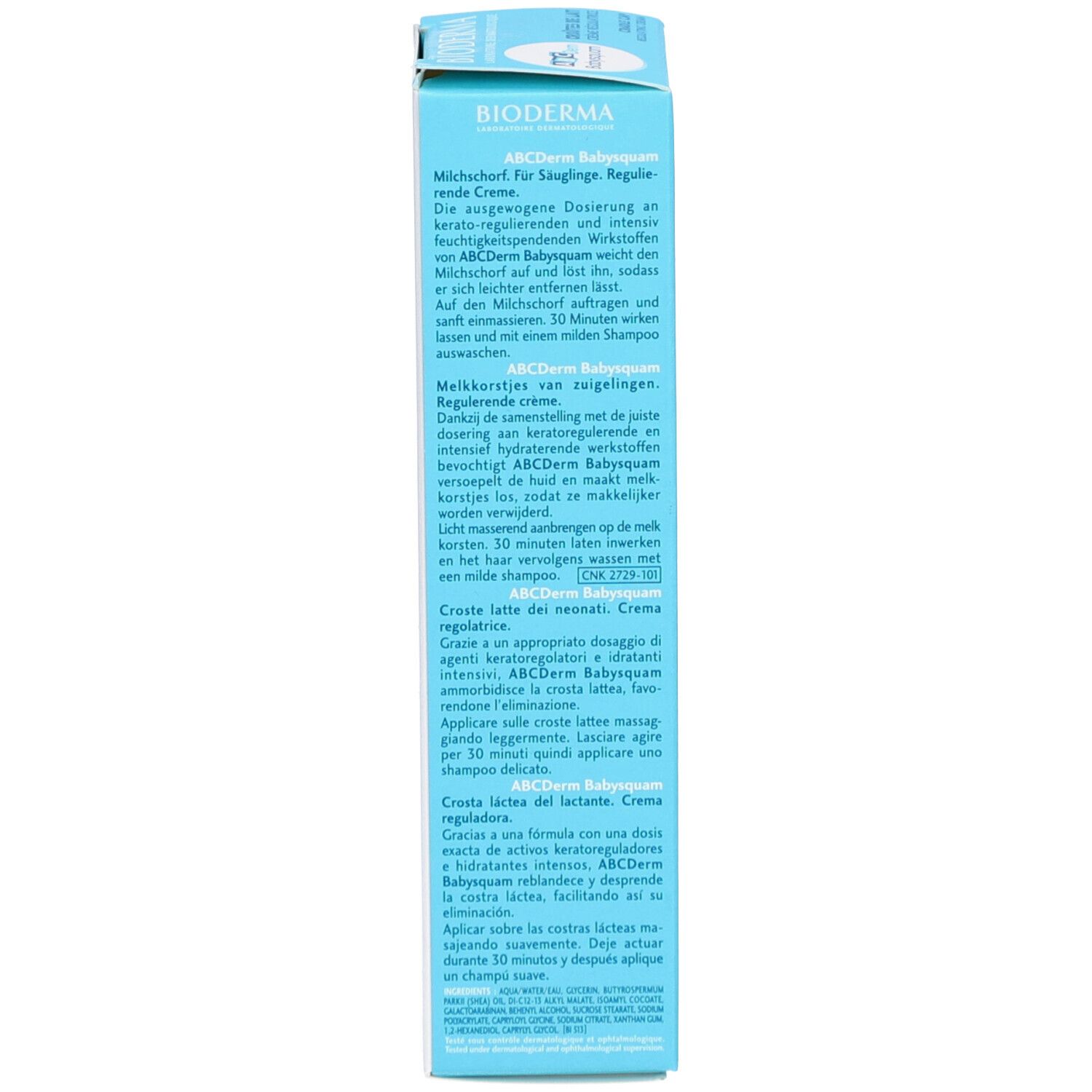 Rückseite der Produktverpackung. Text in mehreren Sprachen. Marke Bioderma. Anwendungshinweise für Crôutes de lait.