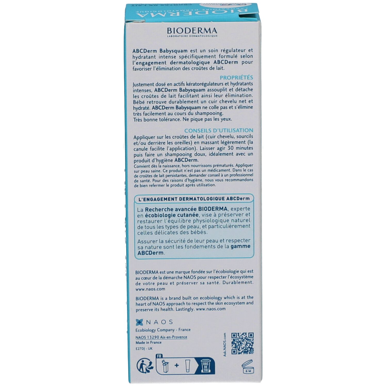 Seitenansicht der Produktverpackung. Text in mehreren Sprachen. Marke Bioderma. Produktinformationen und Anwendungshinweise.