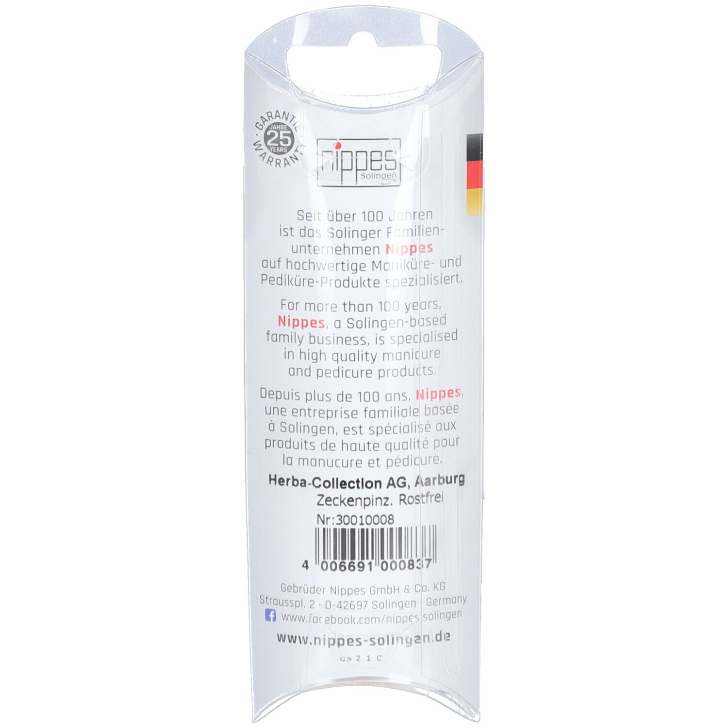 Dos de l'emballage avec texte et logo. Marque Nippes, symbole de garantie, drapeau allemand, texte en allemand et anglais.