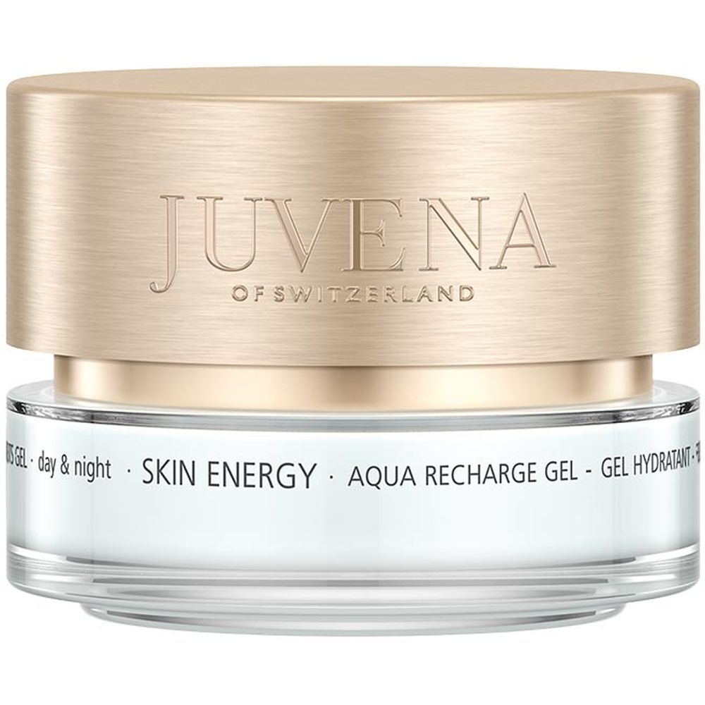 Cremebehälter mit goldfarbenem Deckel. Aufschrift: JUVENA OF SWITZERLAND. Text: SKIN ENERGY AQUA RECHARGE GEL.