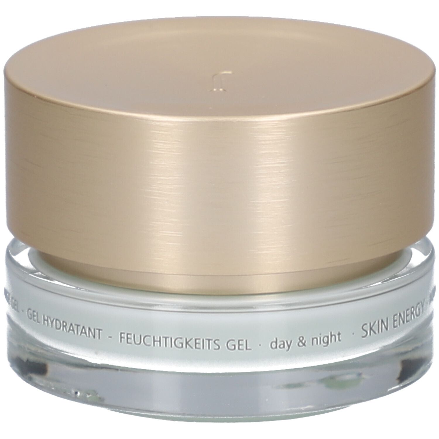 Cremebehälter mit goldfarbenem Deckel. Aufschrift: JUVENA OF SWITZERLAND. Text: SKIN ENERGY AQUA RECHARGE GEL.
