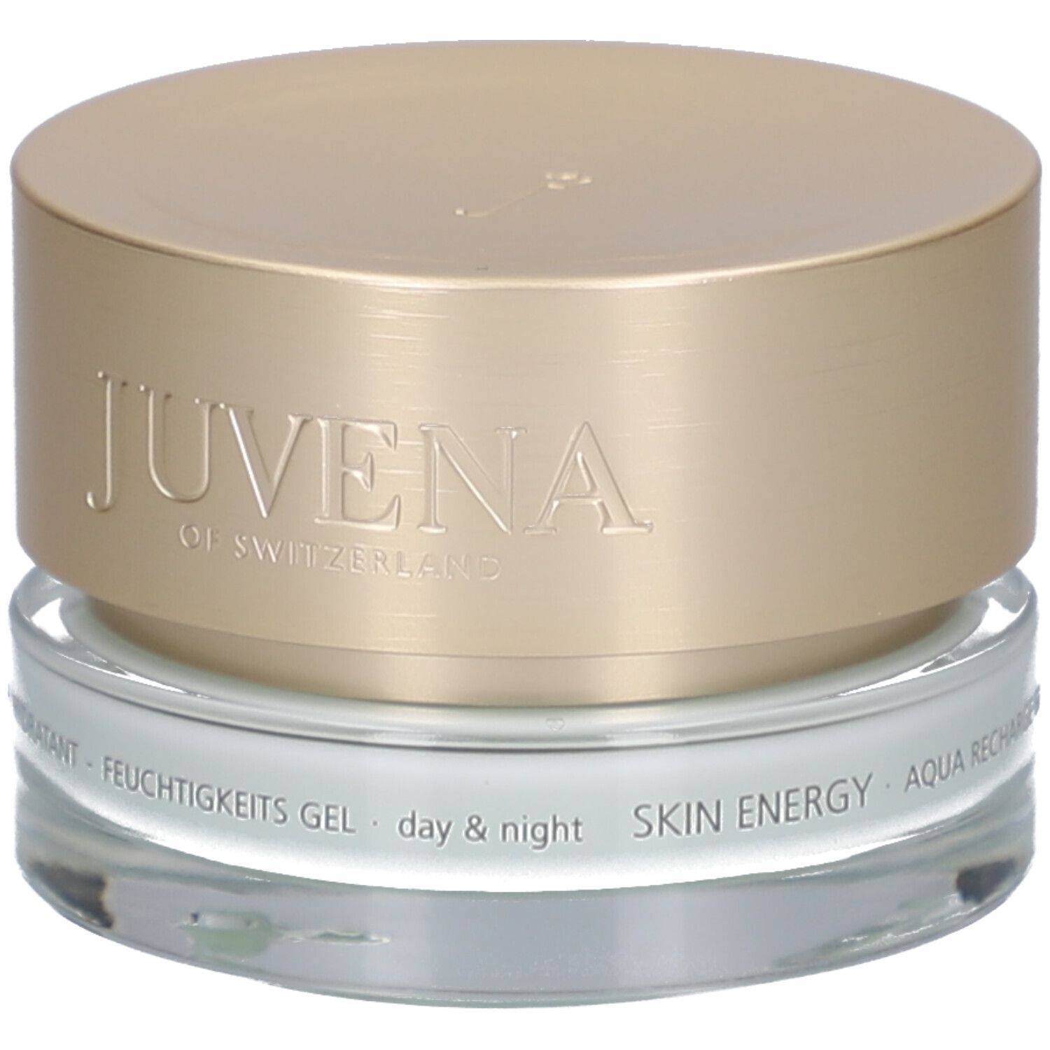 Cremebehälter mit goldfarbenem Deckel. Aufschrift: JUVENA OF SWITZERLAND. Text: SKIN ENERGY AQUA RECHARGE GEL.