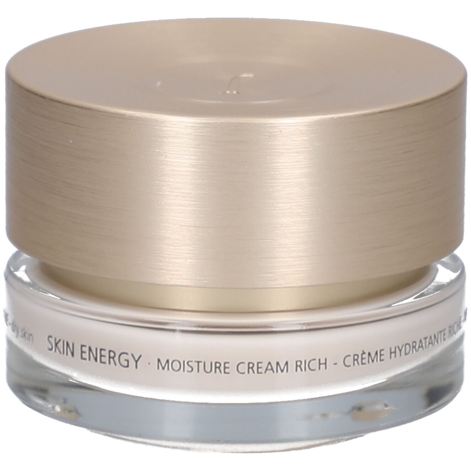 Pot de crème avec couvercle doré. Inscription : Juvena of Switzerland, Skin Energy, Moisture Cream Rich.