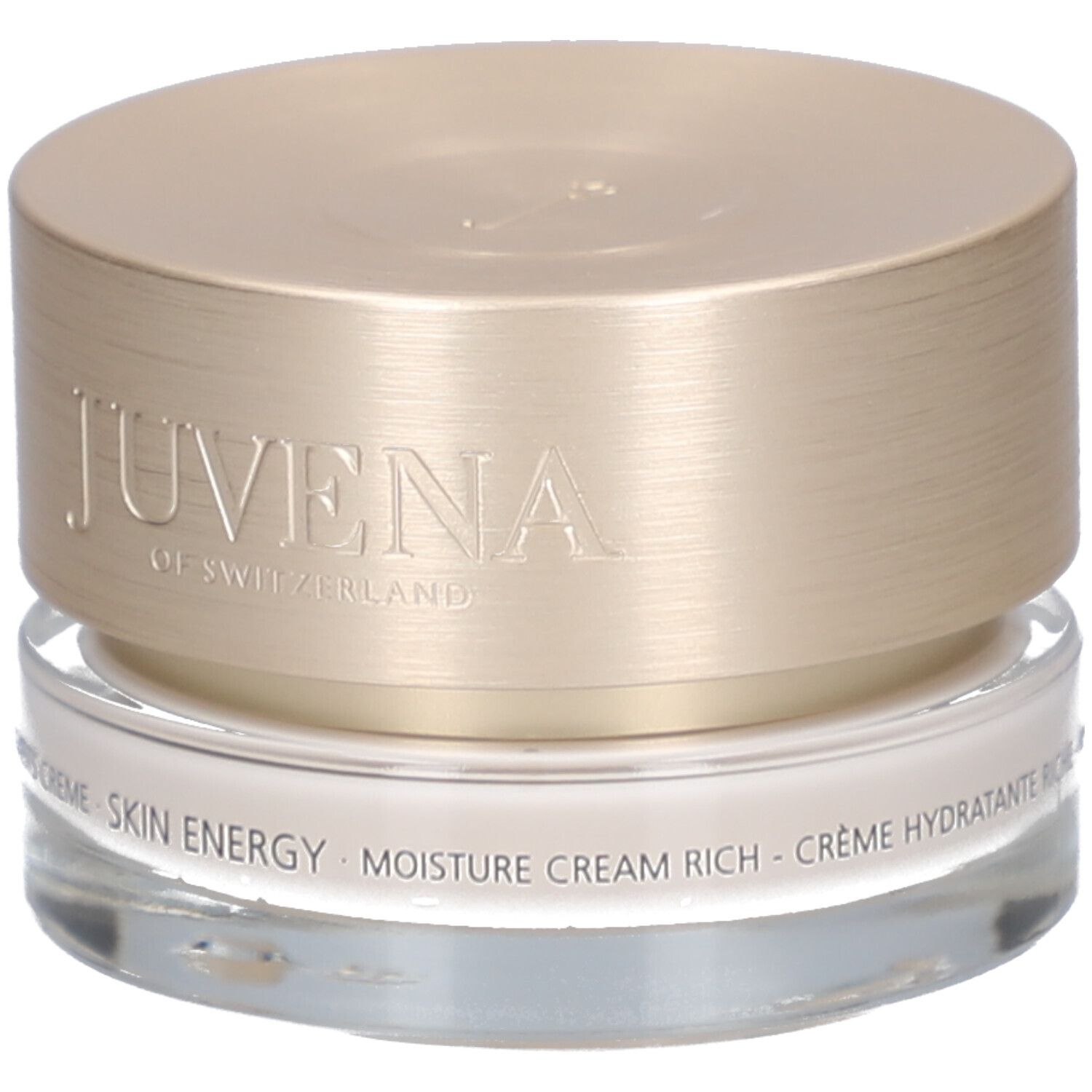 Pot de crème avec couvercle doré. Inscription : Juvena of Switzerland, Skin Energy, Moisture Cream Rich.