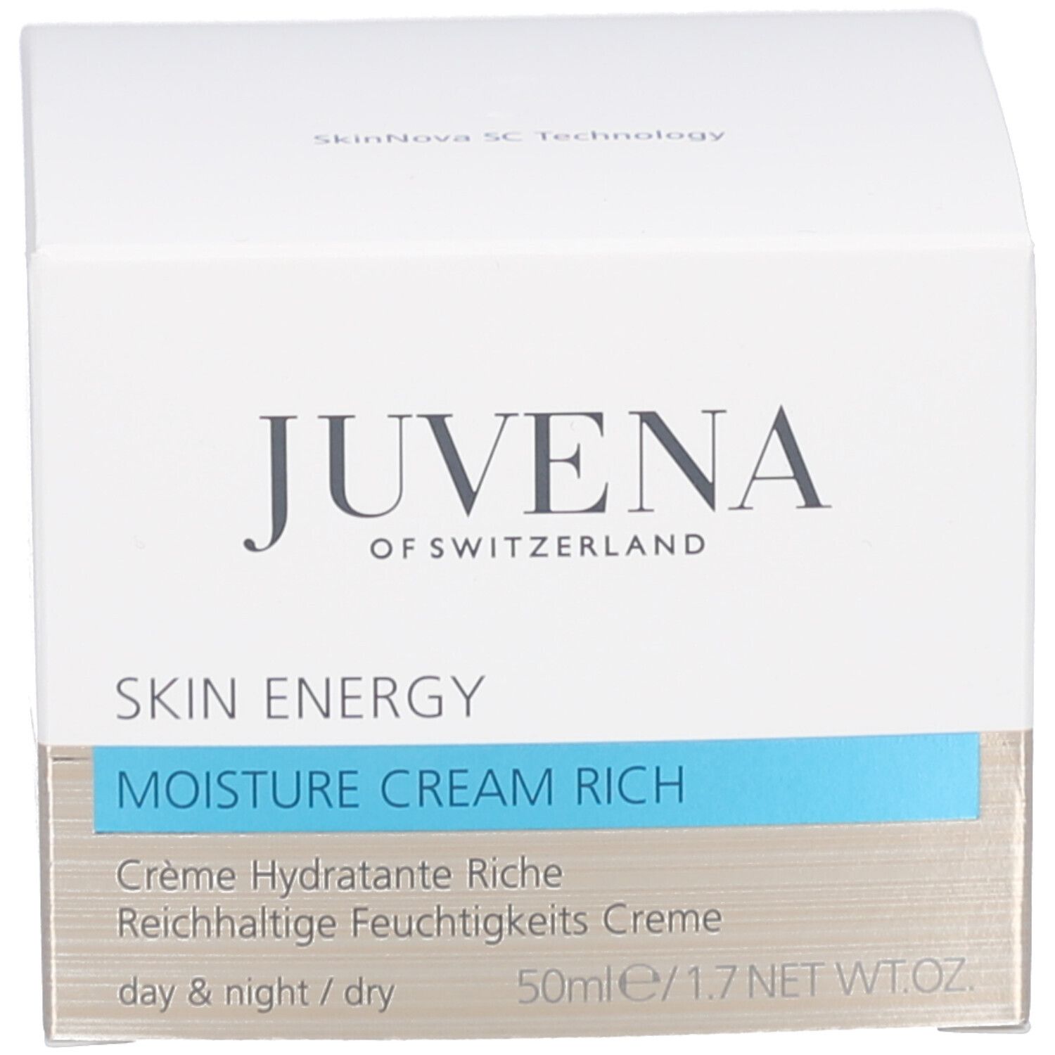 Pot de crème avec couvercle doré. Inscription : Juvena of Switzerland, Skin Energy, Moisture Cream Rich.
