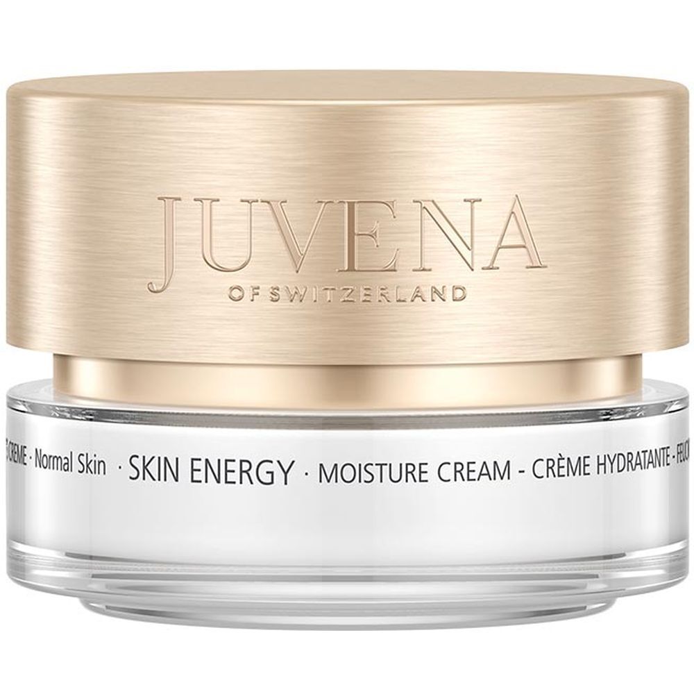 Pot de crème avec couvercle doré. Inscription : JUVENA OF SWITZERLAND. Texte : SKIN ENERGY MOISTURE CREAM.