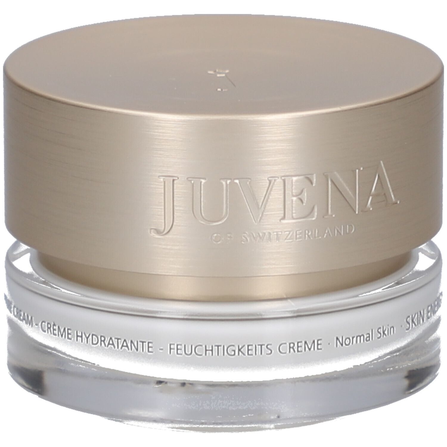 Pot de crème avec couvercle doré. "JUVENA OF SWITZERLAND" sur le couvercle. "SKIN ENERGY" sur le pot.