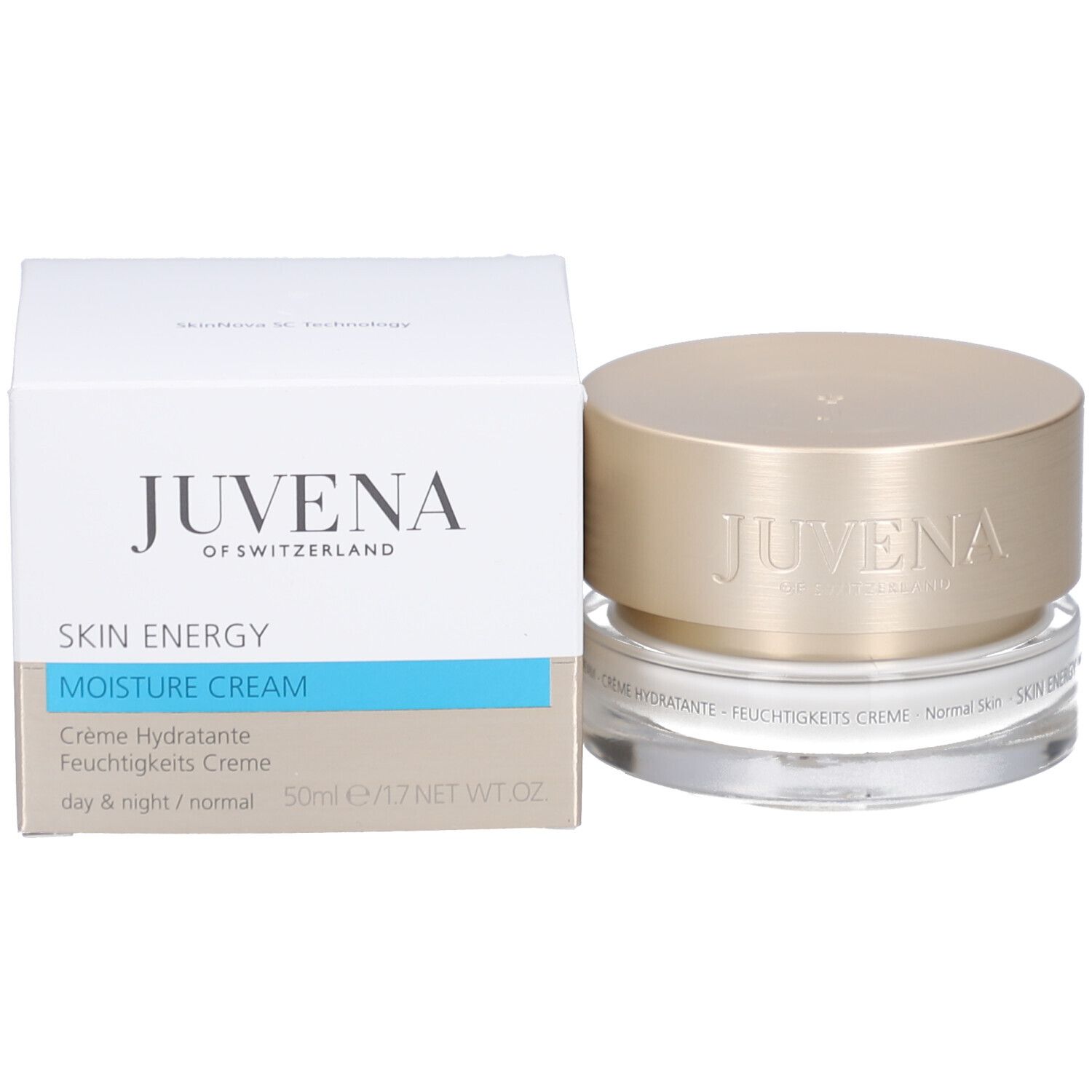 Pot de crème et emballage. "JUVENA OF SWITZERLAND" et "SKIN ENERGY" sur l'emballage.