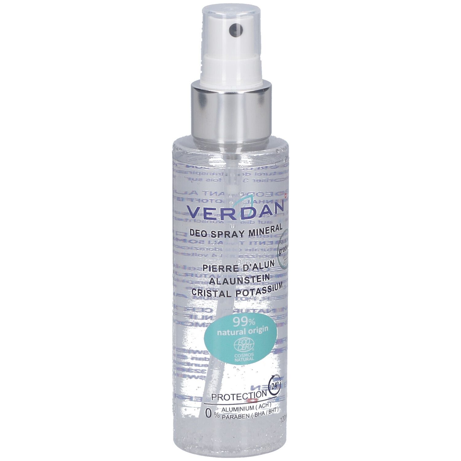 Deospray mit Sprühkopf. Aufschrift: VERDAN, DEO SPRAY MINERAL, PIERRE D'ALUN, CRISTAL POTASSIUM. 99% natürlicher Ursprung. Ecocert-Siegel.