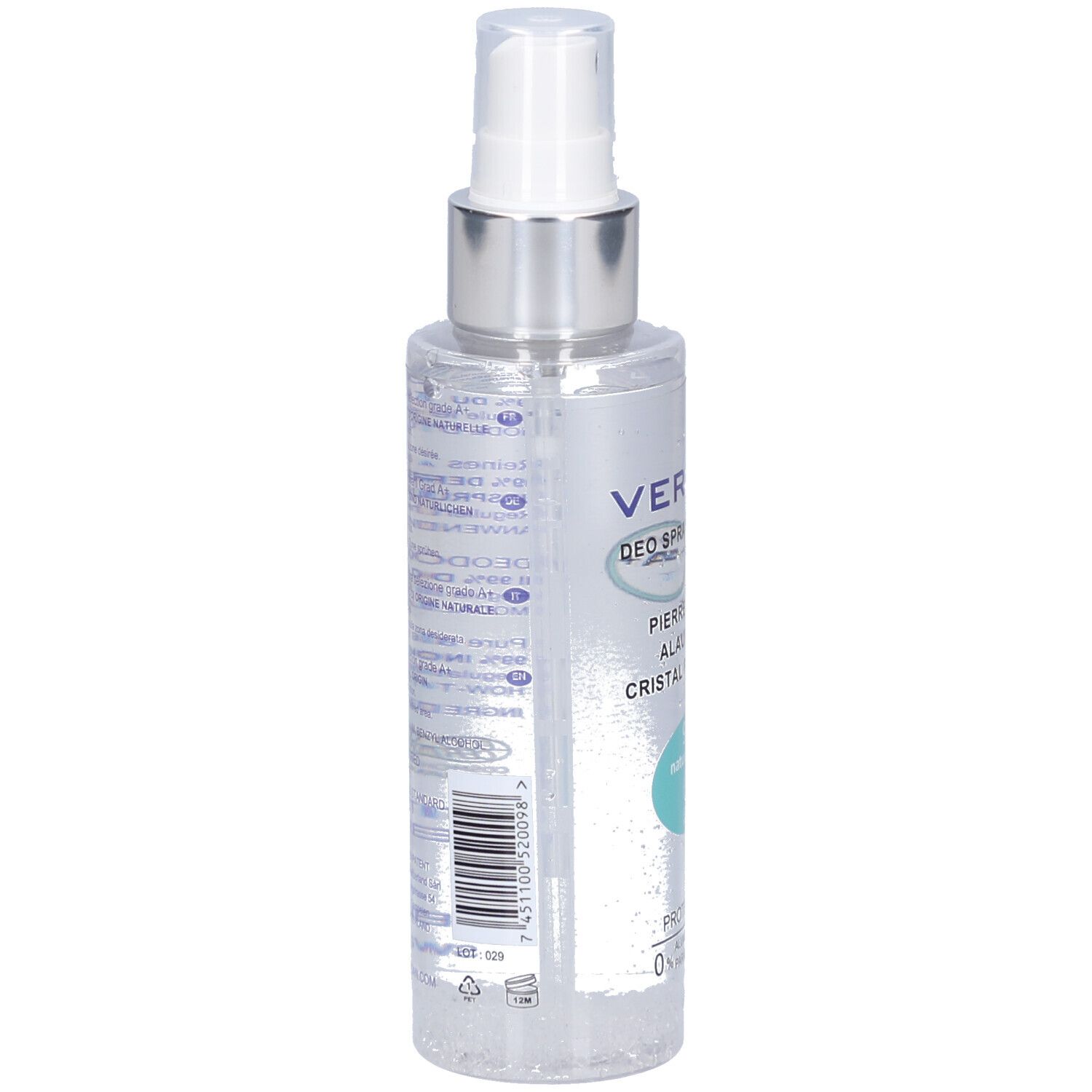 Deospray-Flasche, seitliche Ansicht. Aufschrift und Barcode. Rückseite mit Text. Transparente Flüssigkeit. Silberner Sprühkopf.