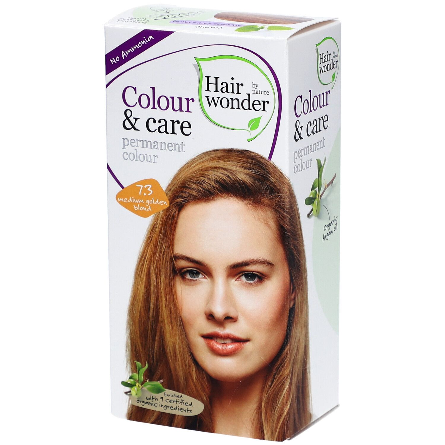 Boîte de coloration capillaire. Inscription : Colour & Care, 7.3 blond doré moyen. Image d'une femme aux cheveux blonds dorés.