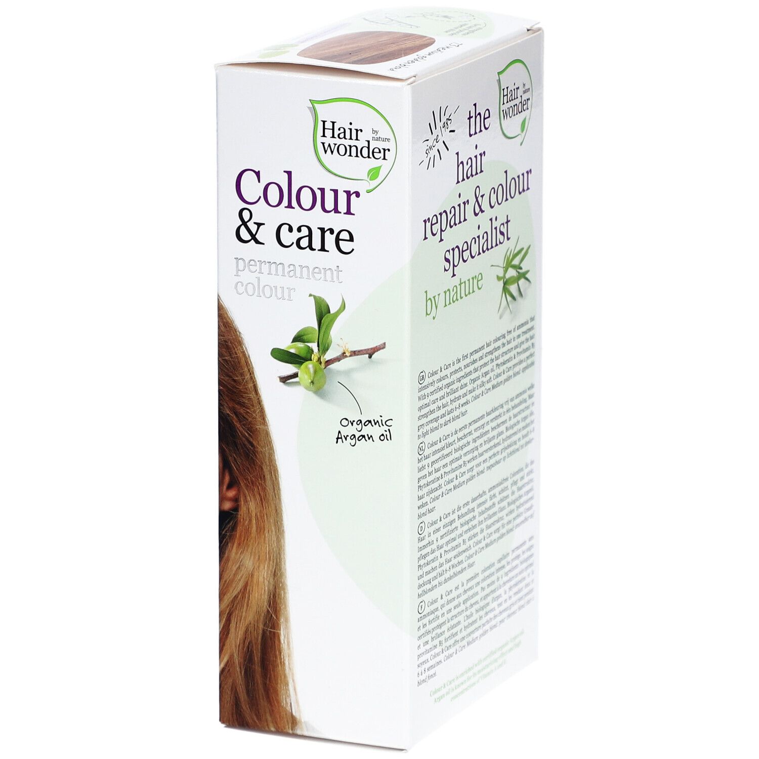 Boîte de coloration capillaire, vue latérale. Inscription : Colour & Care, Organic Argan oil. Texte multilingue.