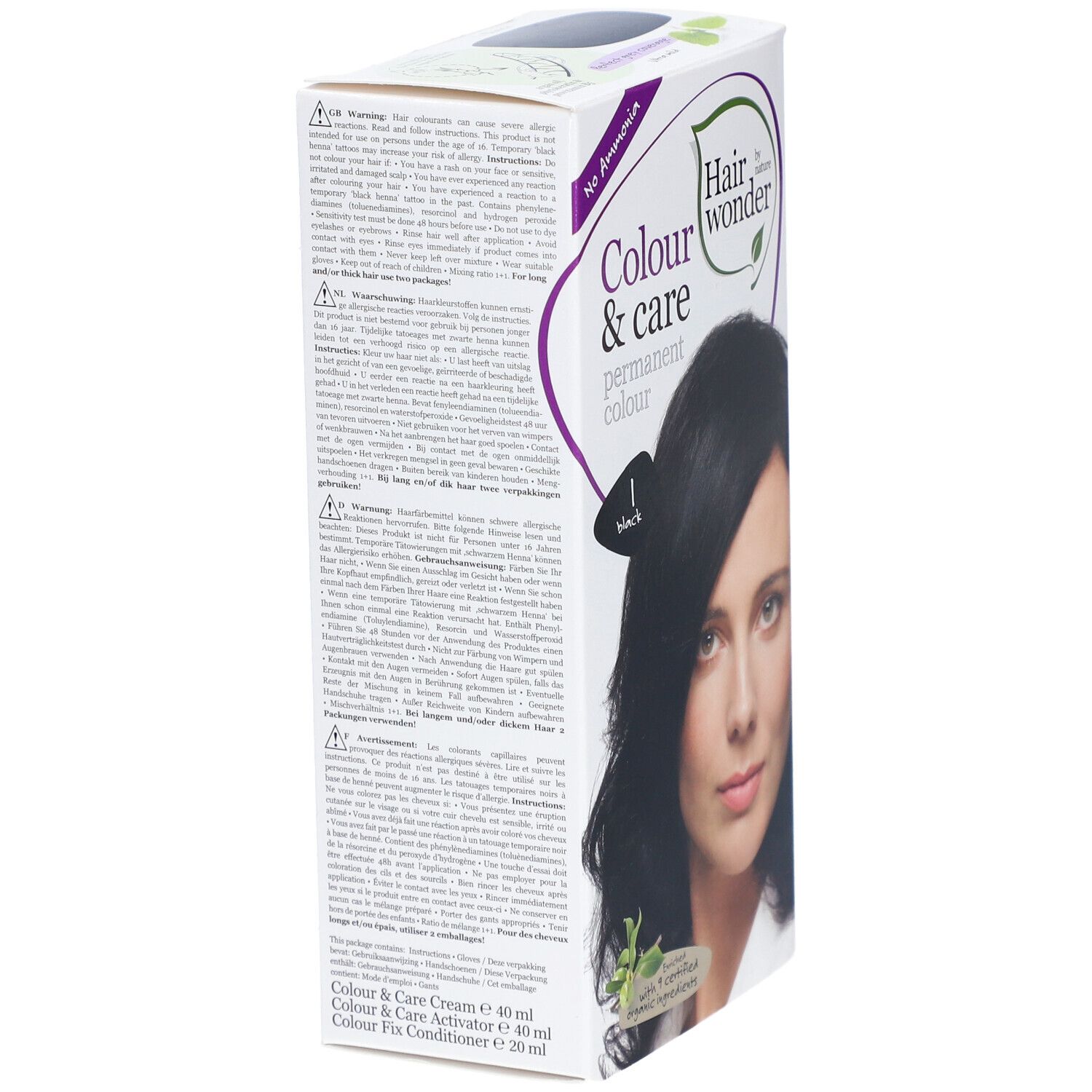 Seitenansicht der Haarfarbepackung. Aufschrift: Colour & care permanent colour, 1 black. Text in mehreren Sprachen. Ohne Ammoniak.