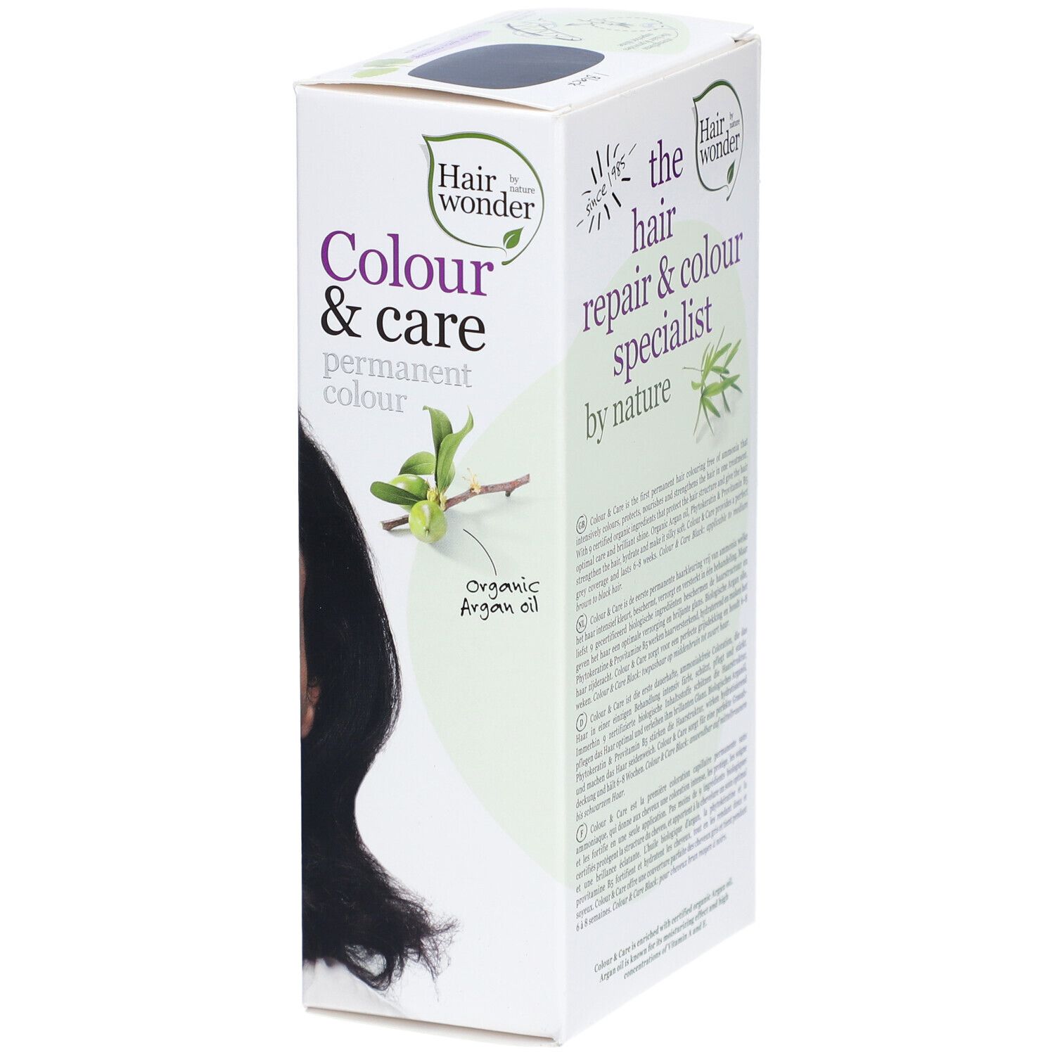 Seitenansicht der Haarfarbepackung. Aufschrift: Colour & care permanent colour. Mit Bio-Arganöl. Text in mehreren Sprachen.