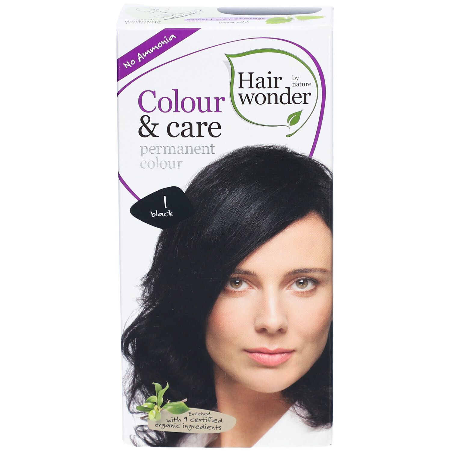 Haarfarbepackung mit Frau mit schwarzem Haar. Aufschrift: Colour & care permanent colour, 1 black. Ohne Ammoniak. Mit 9 zertifizierten Inhaltsstoffen.