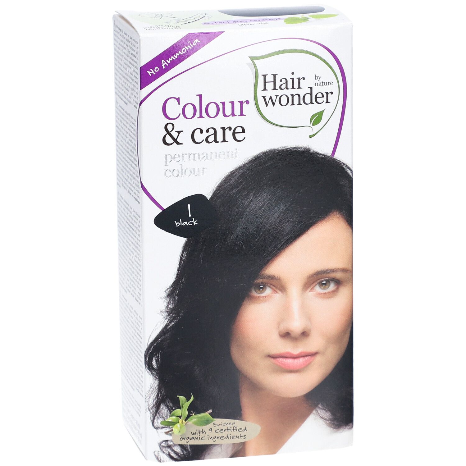 Haarfarbepackung mit Frau mit schwarzem Haar. Aufschrift: Colour & care permanent colour, 1 black. Ohne Ammoniak. Mit 9 zertifizierten Inhaltsstoffen.