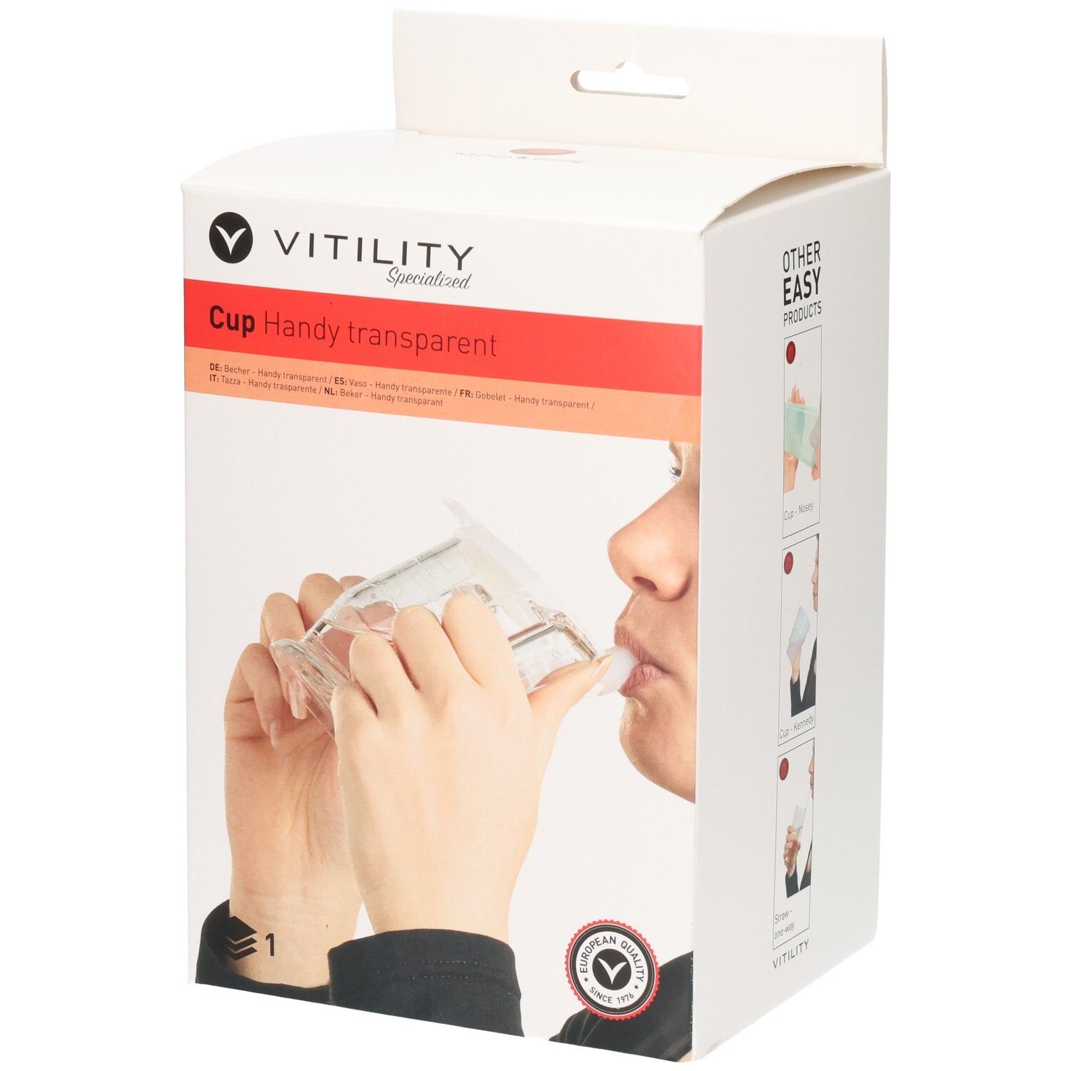 Verpackung des VITILITY Becher HandyCup Institution transparent mit Abbildung einer Person, die daraus trinkt.