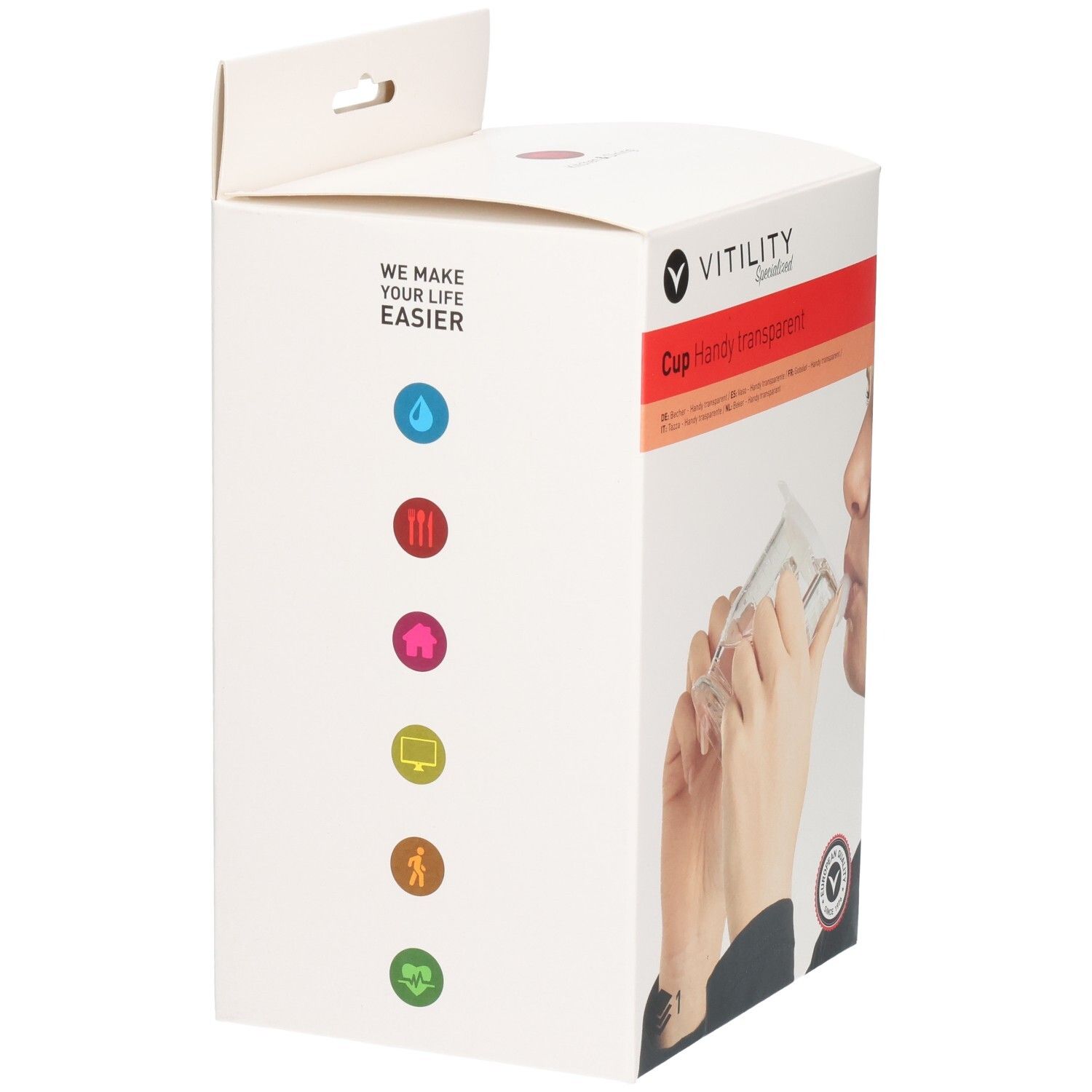Seitenansicht der Verpackung des VITILITY Becher HandyCup Institution transparent mit Icons für verschiedene Anwendungen.