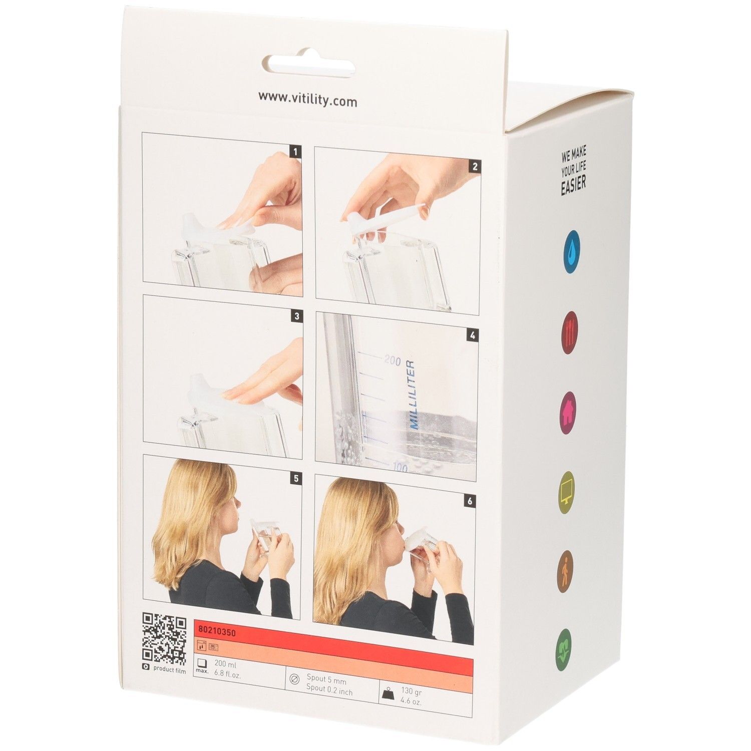 Rückseite der Verpackung des VITILITY Becher HandyCup Institution transparent mit Gebrauchsanleitung und Produktinformationen.