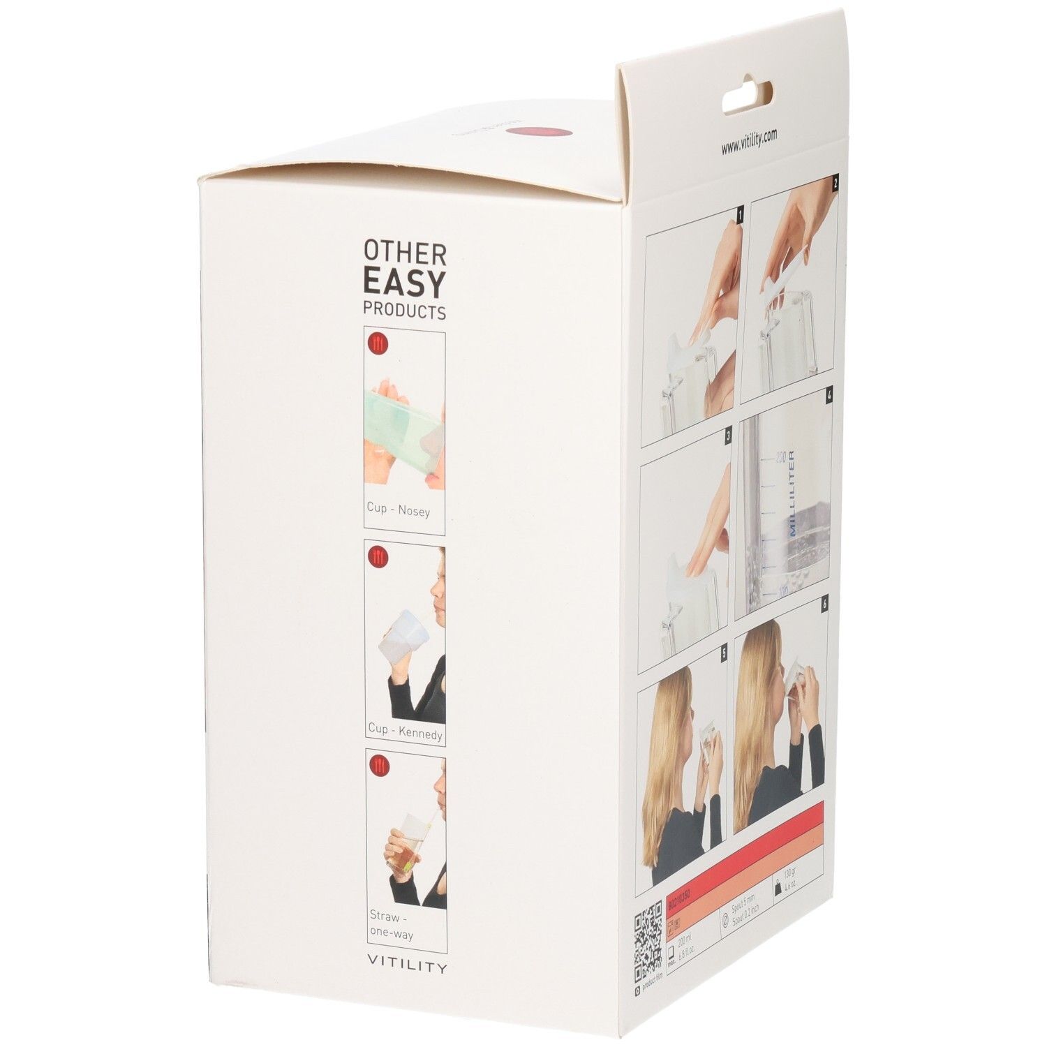 Seitenansicht der Verpackung des VITILITY Becher HandyCup Institution transparent mit Abbildungen anderer Produkte.