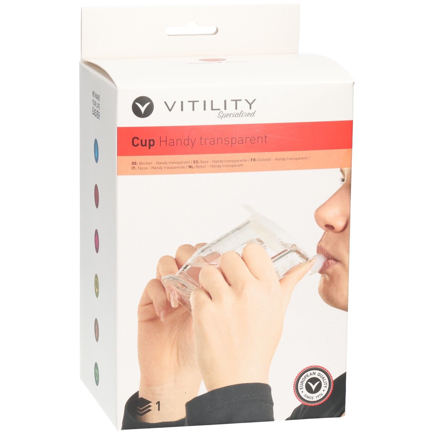 Verpackung des VITILITY Becher HandyCup Institution transparent mit Abbildung einer Person, die daraus trinkt und Siegel.