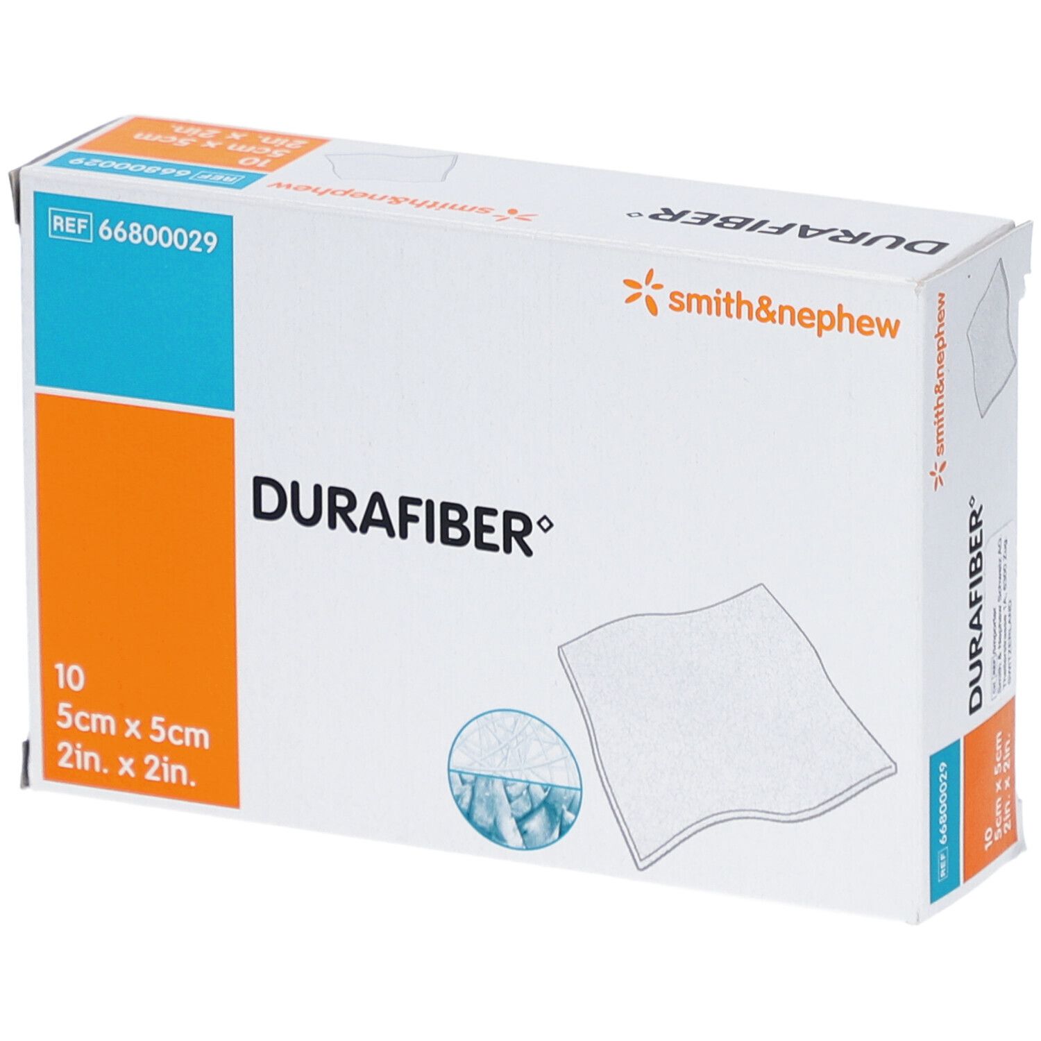 Verpackung von Durafiber-Verband. 10 Stück, 5x5cm. Marke Smith & Nephew. Weißer Karton mit Produktabbildung.