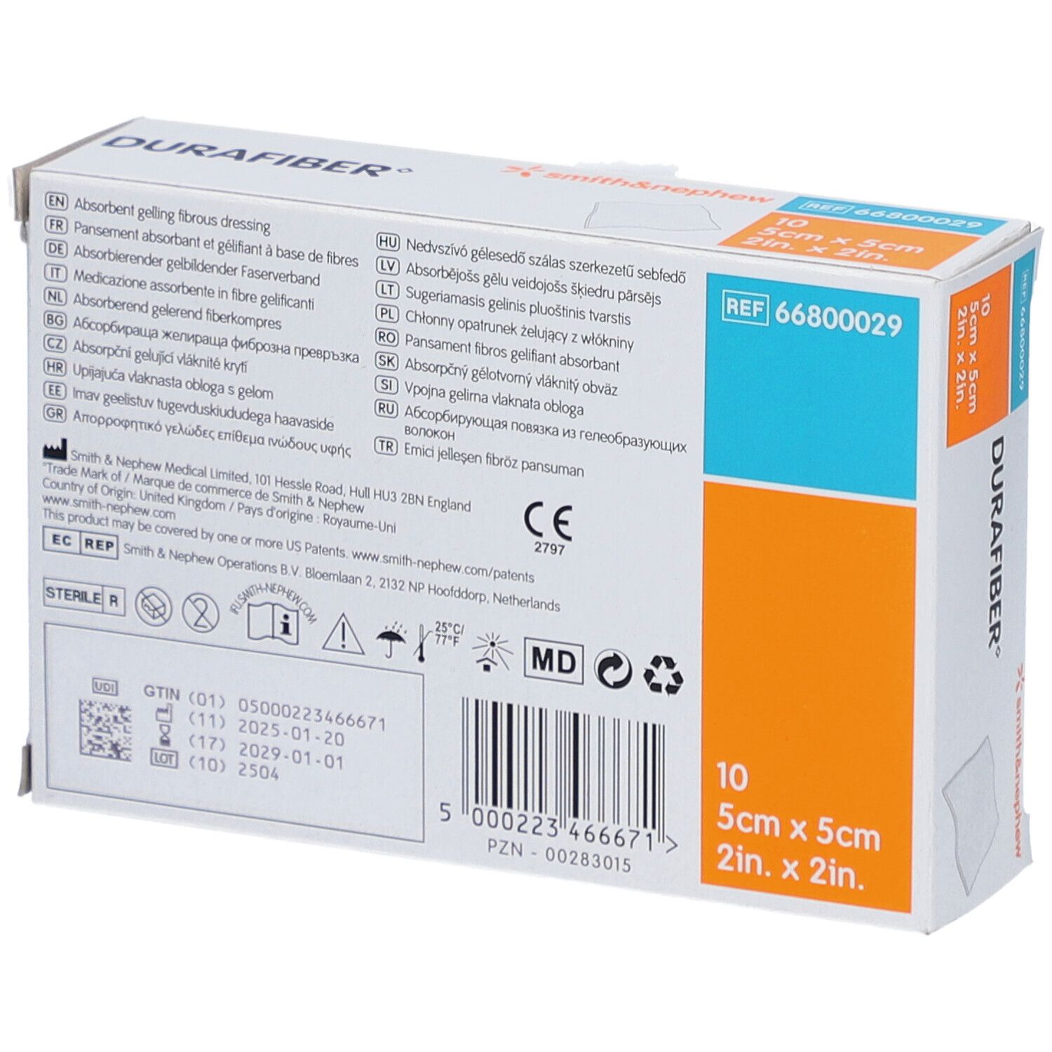 Rückseite der Durafiber-Verband-Verpackung. Informationen in mehreren Sprachen. Marke Smith & Nephew. Größe 5x5cm.