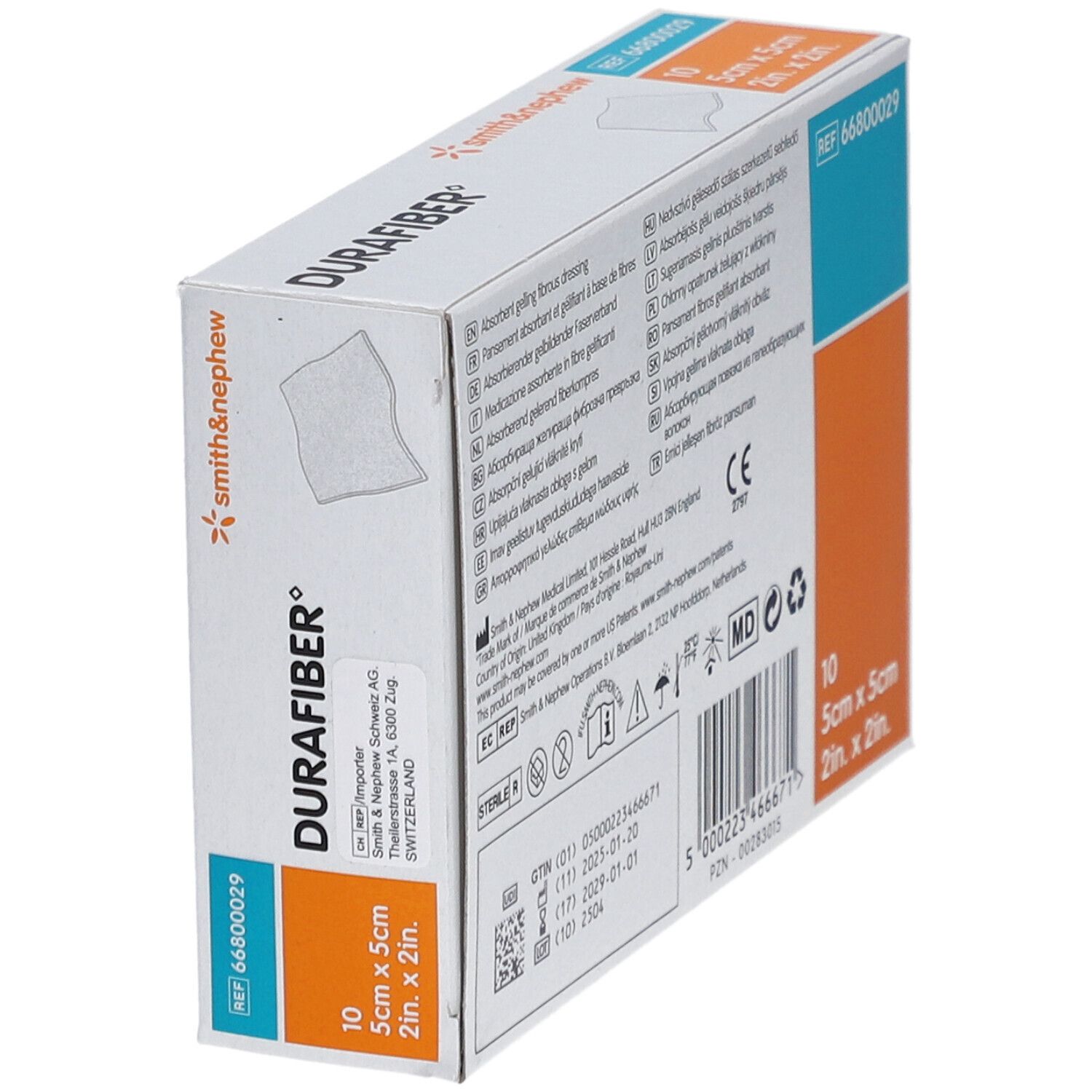 Durafiber-Verband-Verpackung. 10 Stück, 5x5cm. Marke Smith & Nephew. Weißer Karton mit Produktabbildung und Text.