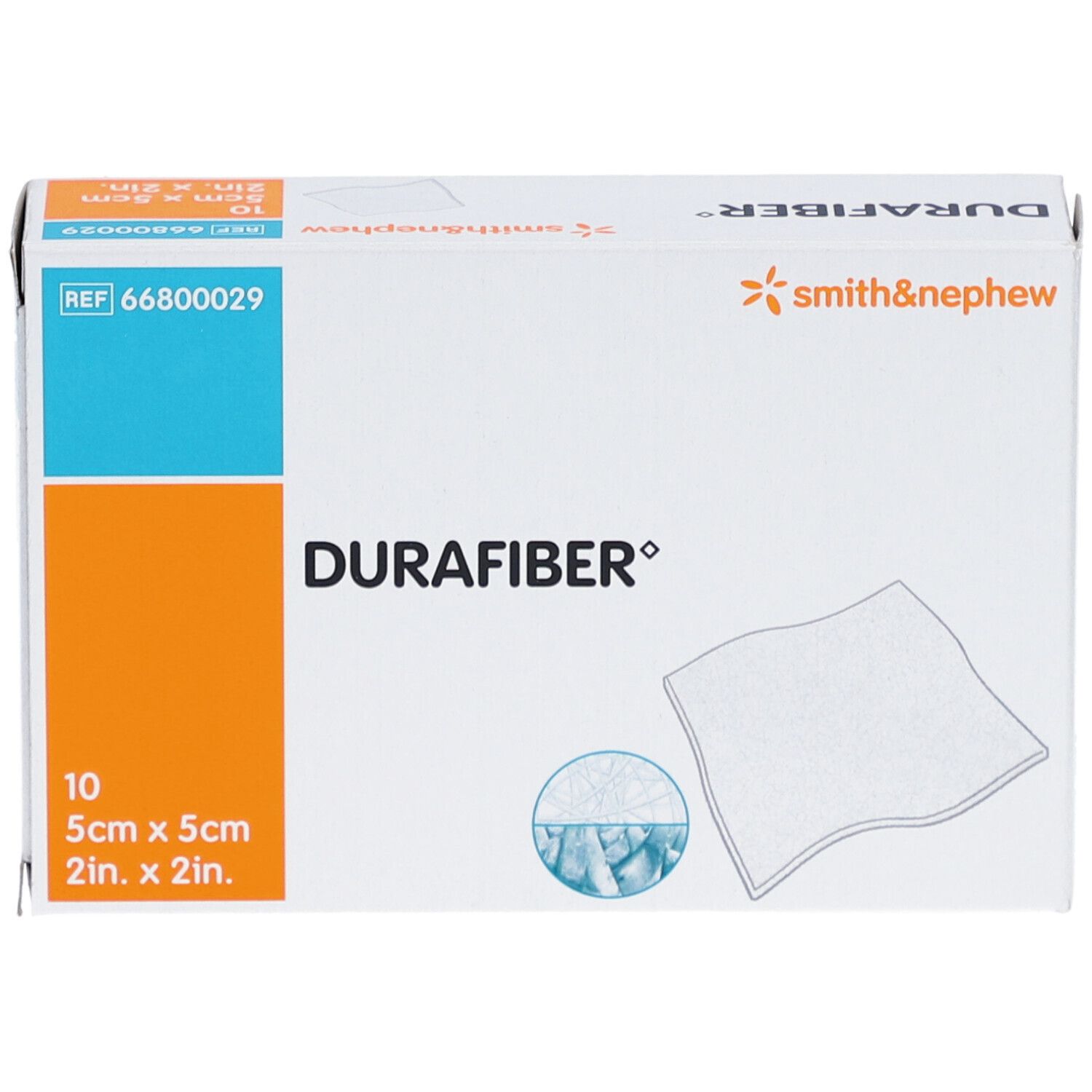 Durafiber-Verband-Verpackung. 10 Stück, 5x5cm. Marke Smith & Nephew. Weißer Karton mit Produktabbildung.