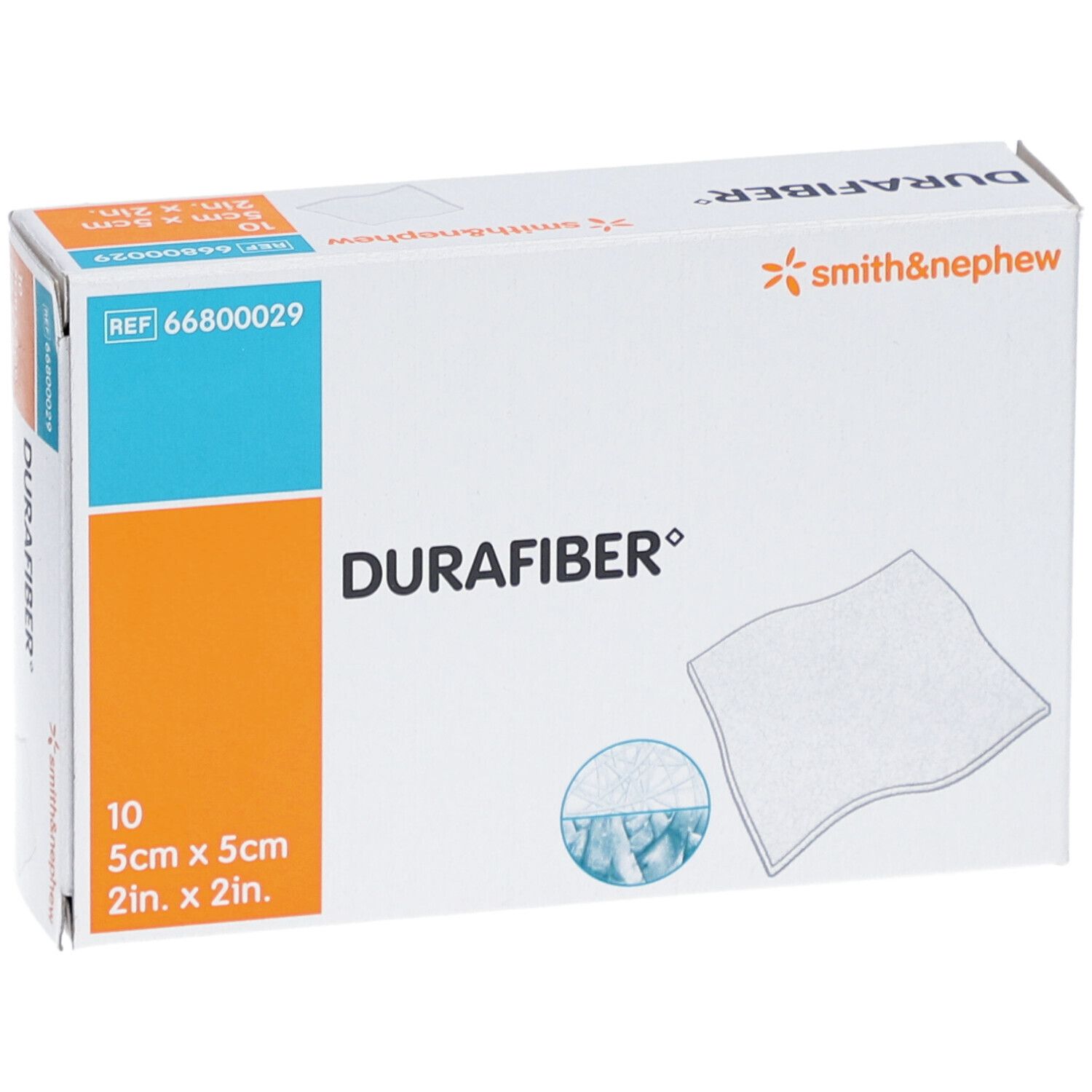 Durafiber-Verband-Verpackung. 10 Stück, 5x5cm. Marke Smith & Nephew. Weißer Karton mit Produktabbildung.