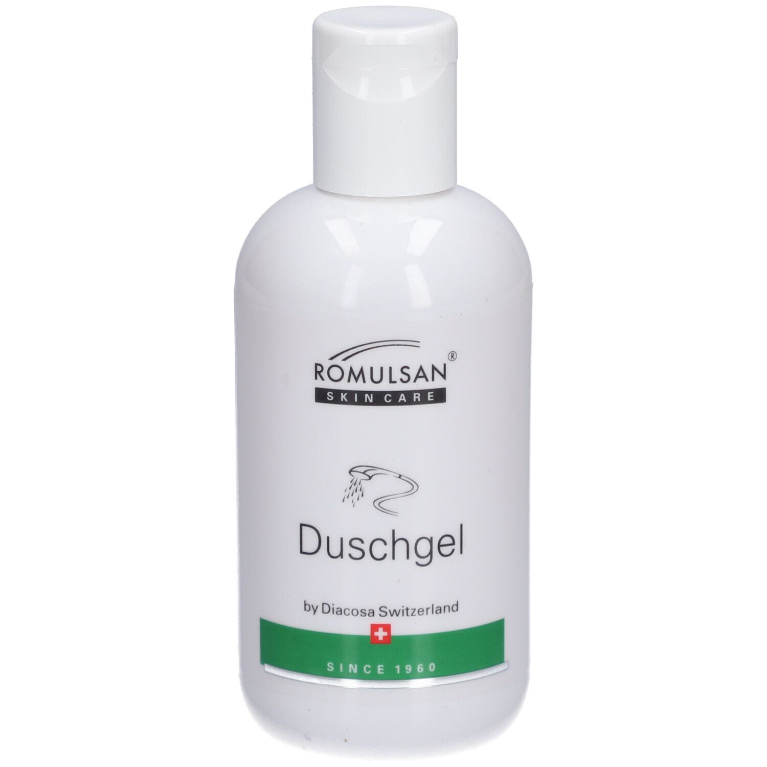 Flacon blanc avec bouchon rabattable. Inscription: Romulsan Skin Care, Duschgel, by Diacosa Switzerland. Bande verte avec croix suisse.