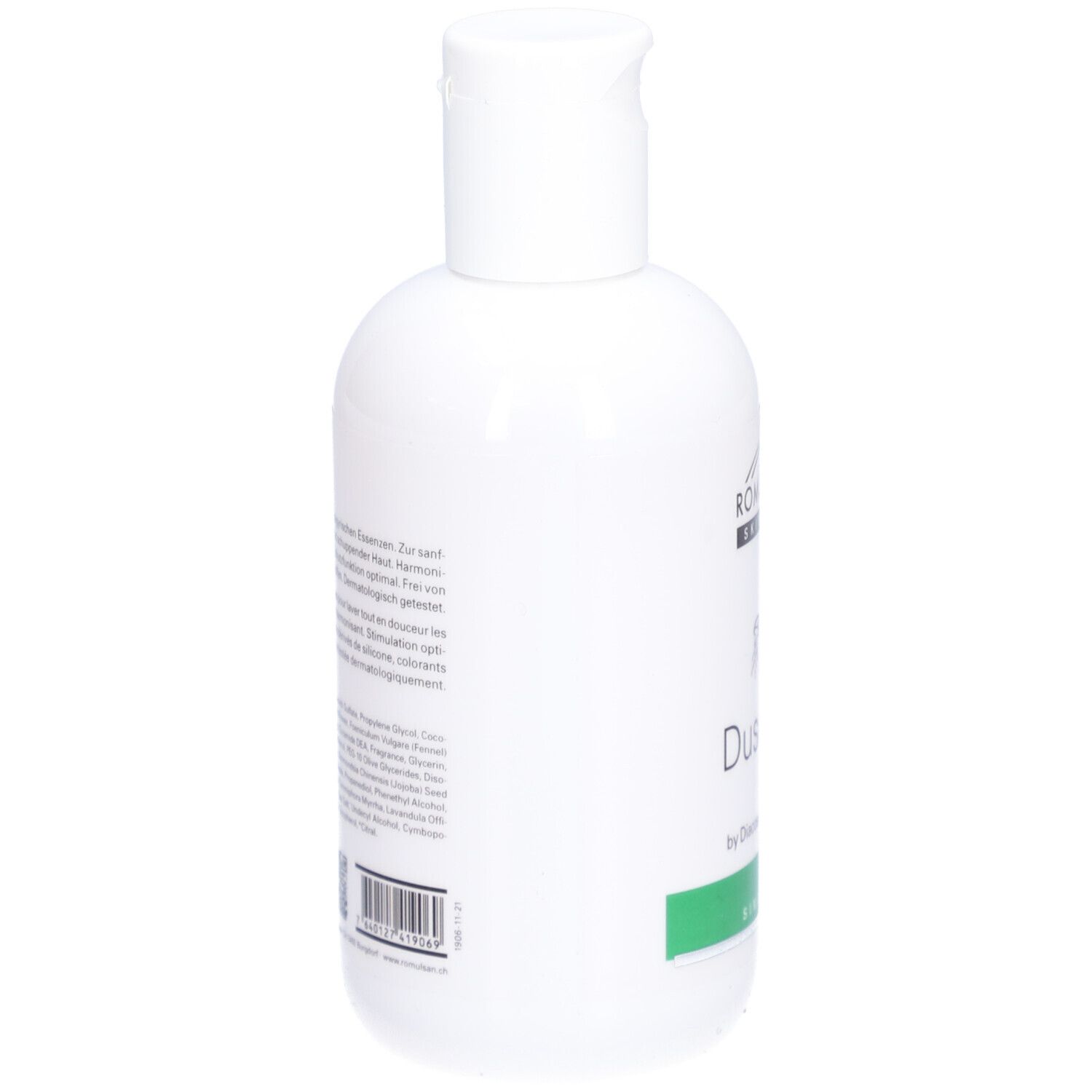 Flacon blanc avec bouchon rabattable. Dos avec texte et code-barres. Inscription: Romulsan Skin Care, Duschgel, by Diacosa Switzerland.