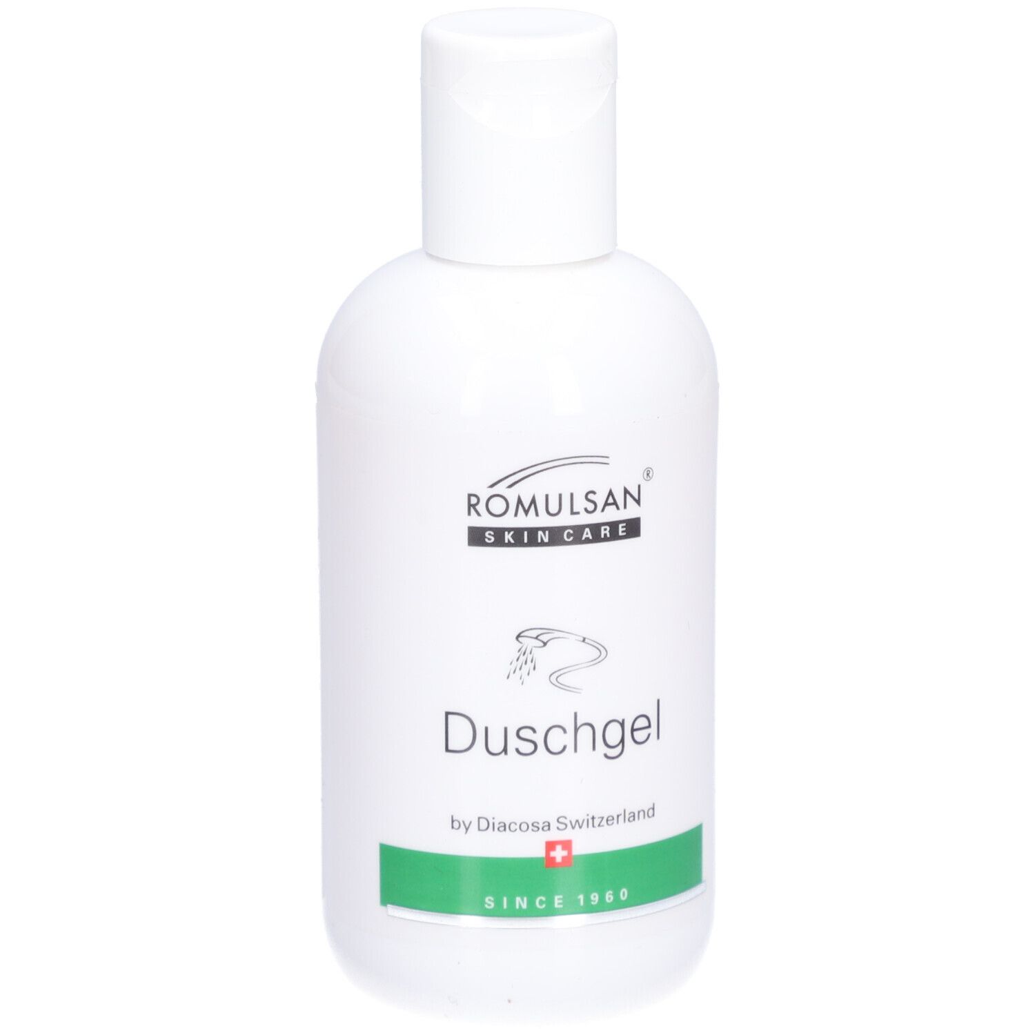 Flacon blanc avec bouchon rabattable. Inscription: Romulsan Skin Care, Duschgel, by Diacosa Switzerland. Bande verte avec croix suisse.