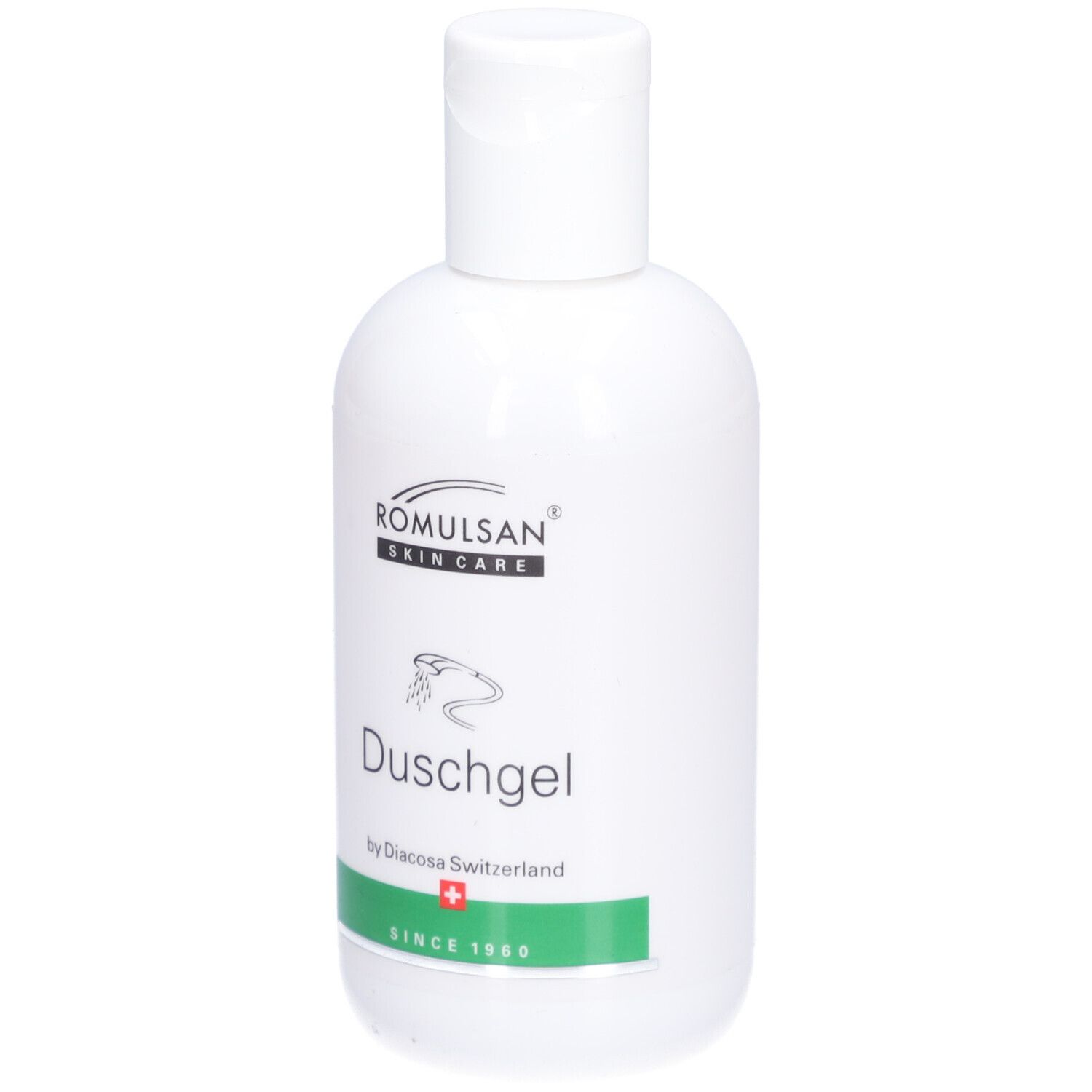 Flacon blanc avec bouchon rabattable. Inscription: Romulsan Skin Care, Duschgel, by Diacosa Switzerland. Bande verte avec croix suisse.