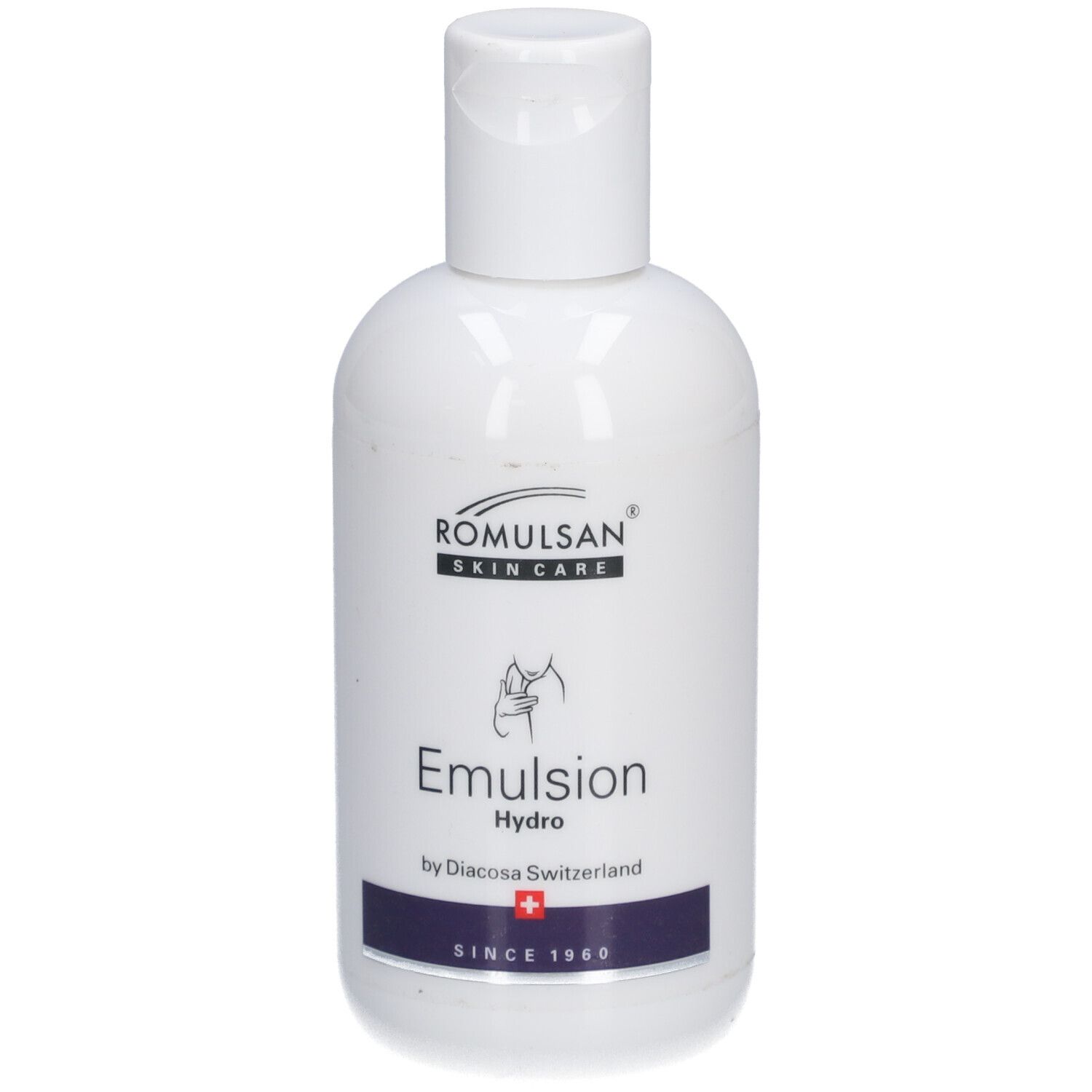 Weiße Flasche mit weißem Klappverschluss. Aufschrift: Romulsan Skin Care, Emulsion Hydro, Diacosa Switzerland, Schweizer Kreuz.
