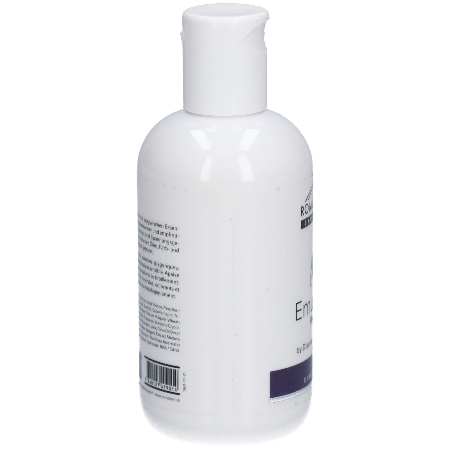Weiße Flasche mit weißem Klappverschluss. Auf der Seite Text in mehreren Sprachen. Barcode und Herstellerinformationen.