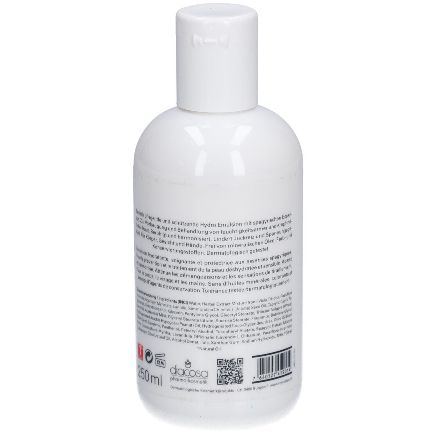 Weiße Flasche mit weißem Klappverschluss. Rückseite mit Text in mehreren Sprachen. Herstellerlogo und QR-Code.