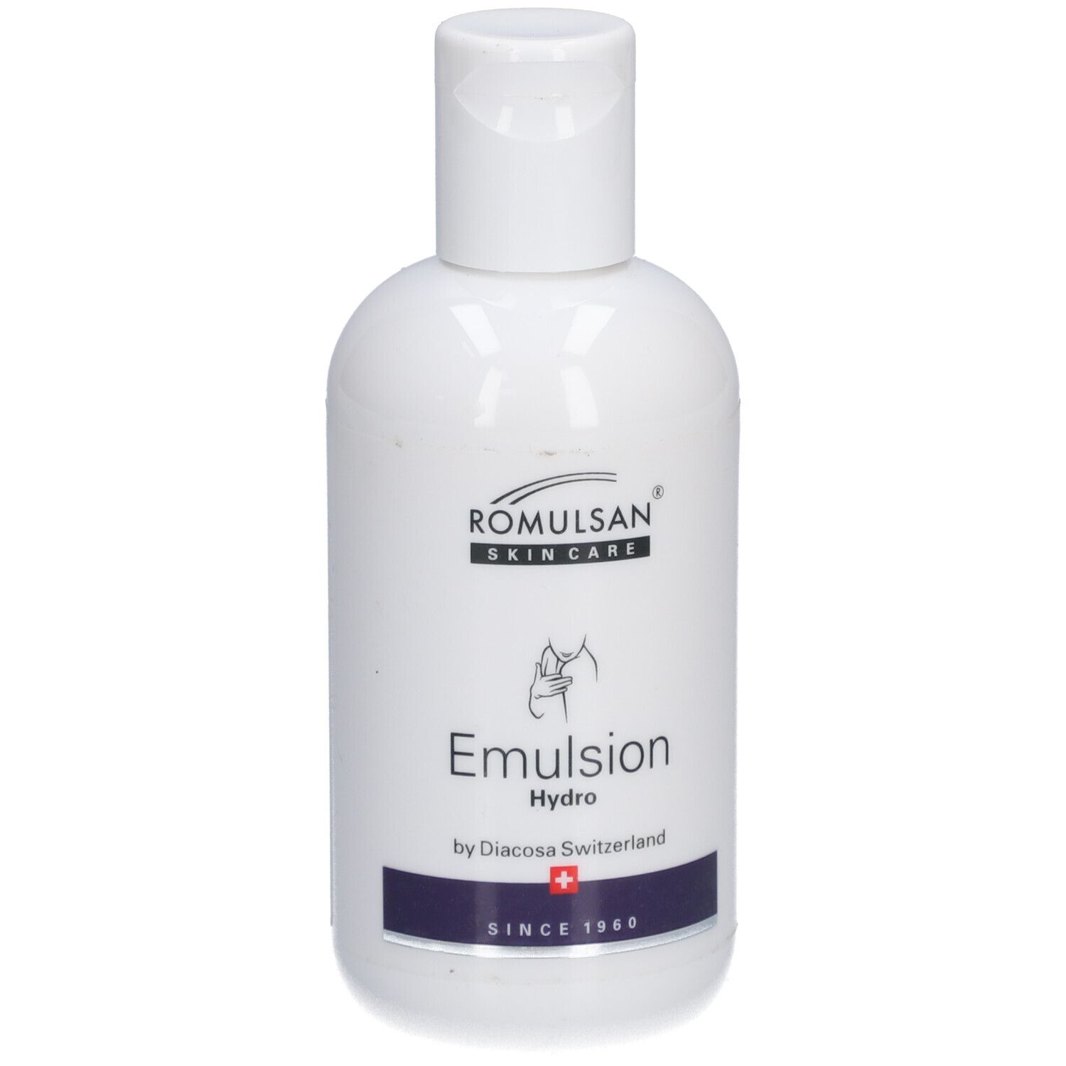 Weiße Flasche mit weißem Klappverschluss. Aufschrift: Romulsan Skin Care, Emulsion Hydro, Diacosa Switzerland, Schweizer Kreuz.