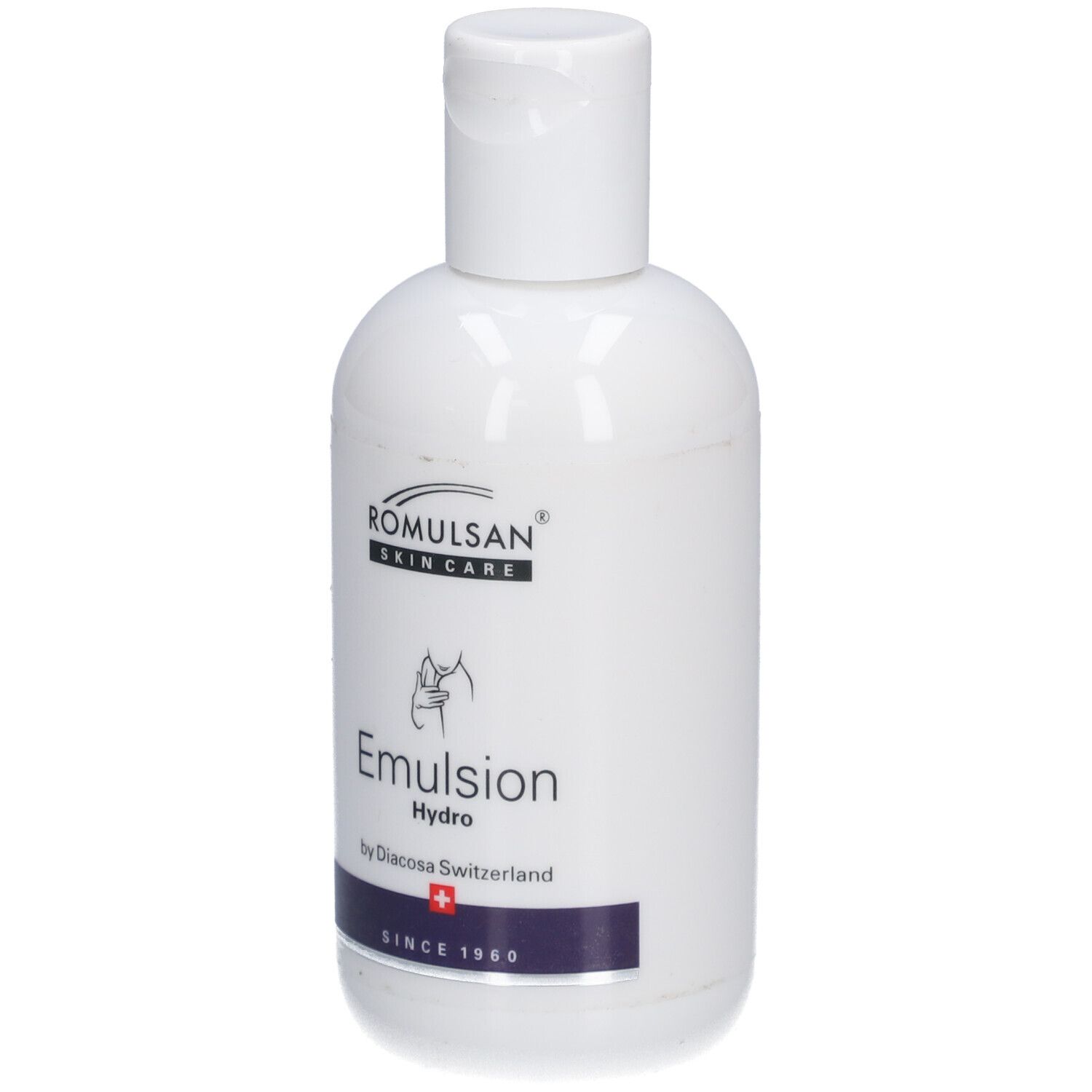 Weiße Flasche mit weißem Klappverschluss. Aufschrift: Romulsan Skin Care, Emulsion Hydro, Diacosa Switzerland, Schweizer Kreuz.
