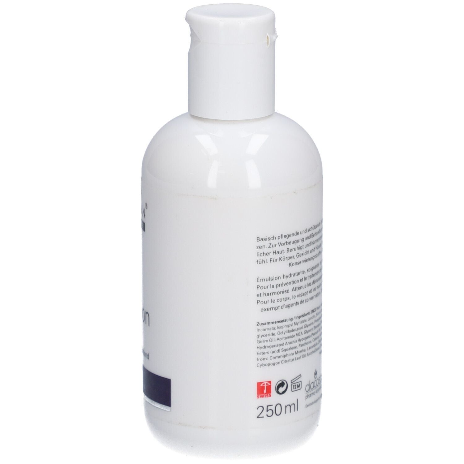 Weiße Flasche mit weißem Klappverschluss. Auf der Rückseite Text und Herstellerinformationen. Volumen: 250ml.