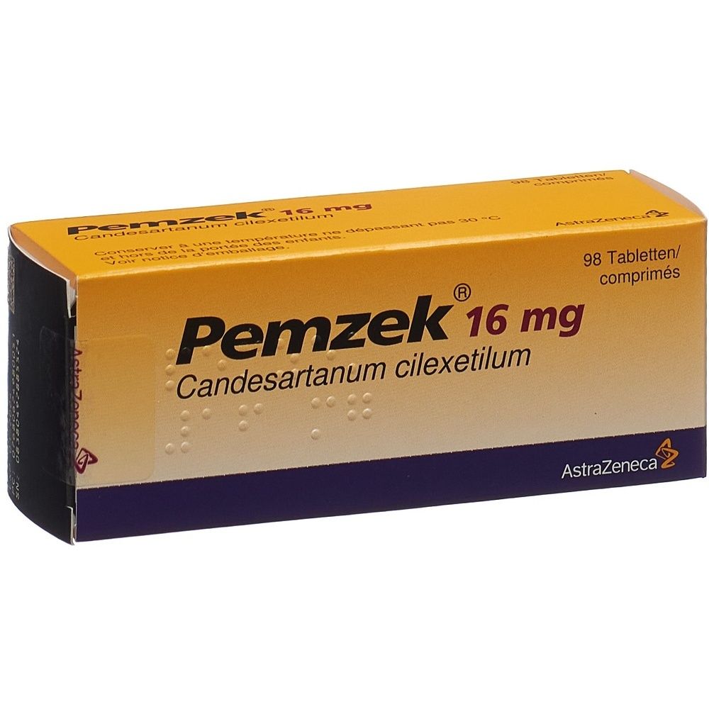 Kartonverpackung mit gelber Oberseite und schwarzer Schrift. Aufschrift: Pemzek Tabl 16 mg. Unterseite blau. Eckige Form.