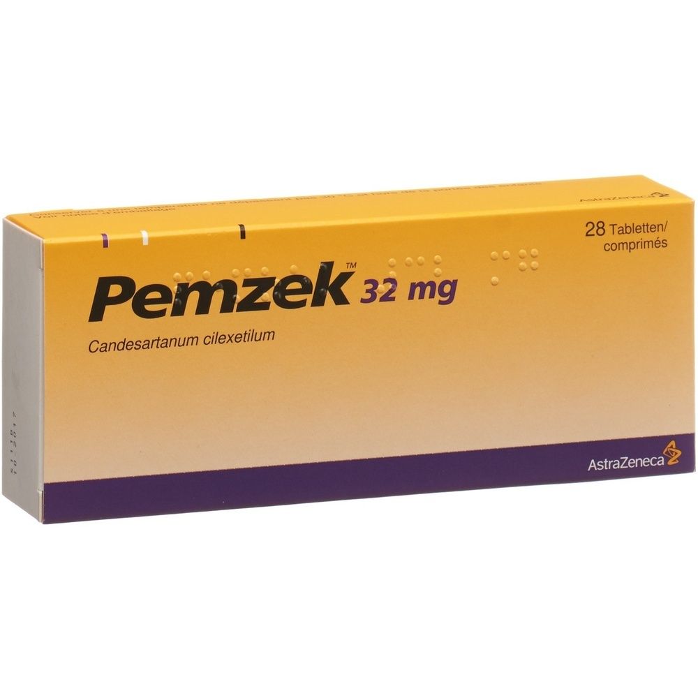 Kartonverpackung mit dem Schriftzug "Pemzek". Gelb-braune Farbgebung. Aufschrift "32 mg".