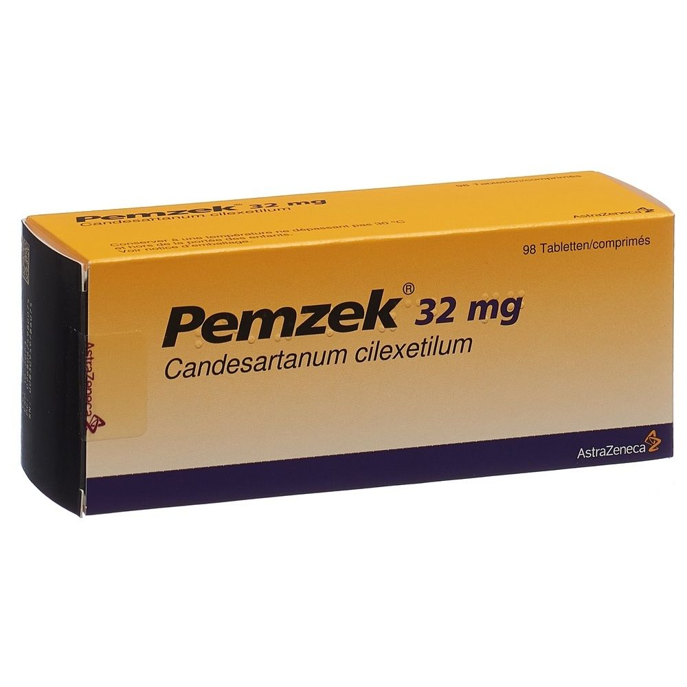 Kartonverpackung. Gelb-schwarze Schachtel mit Produktnamen und Dosierung. Aufschrift: PEMZEK 32 mg.